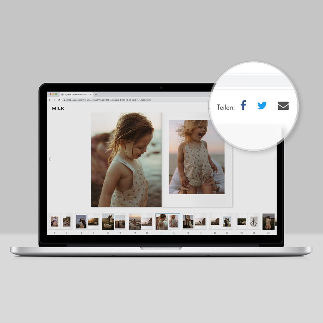 Offener Mac-Laptop mit Fokus auf Sharing-Funktionen über soziale Medien.