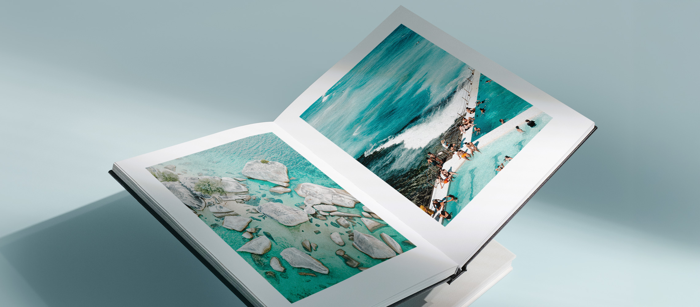 Open Portrait Premium Photo Book with travel photos inside.