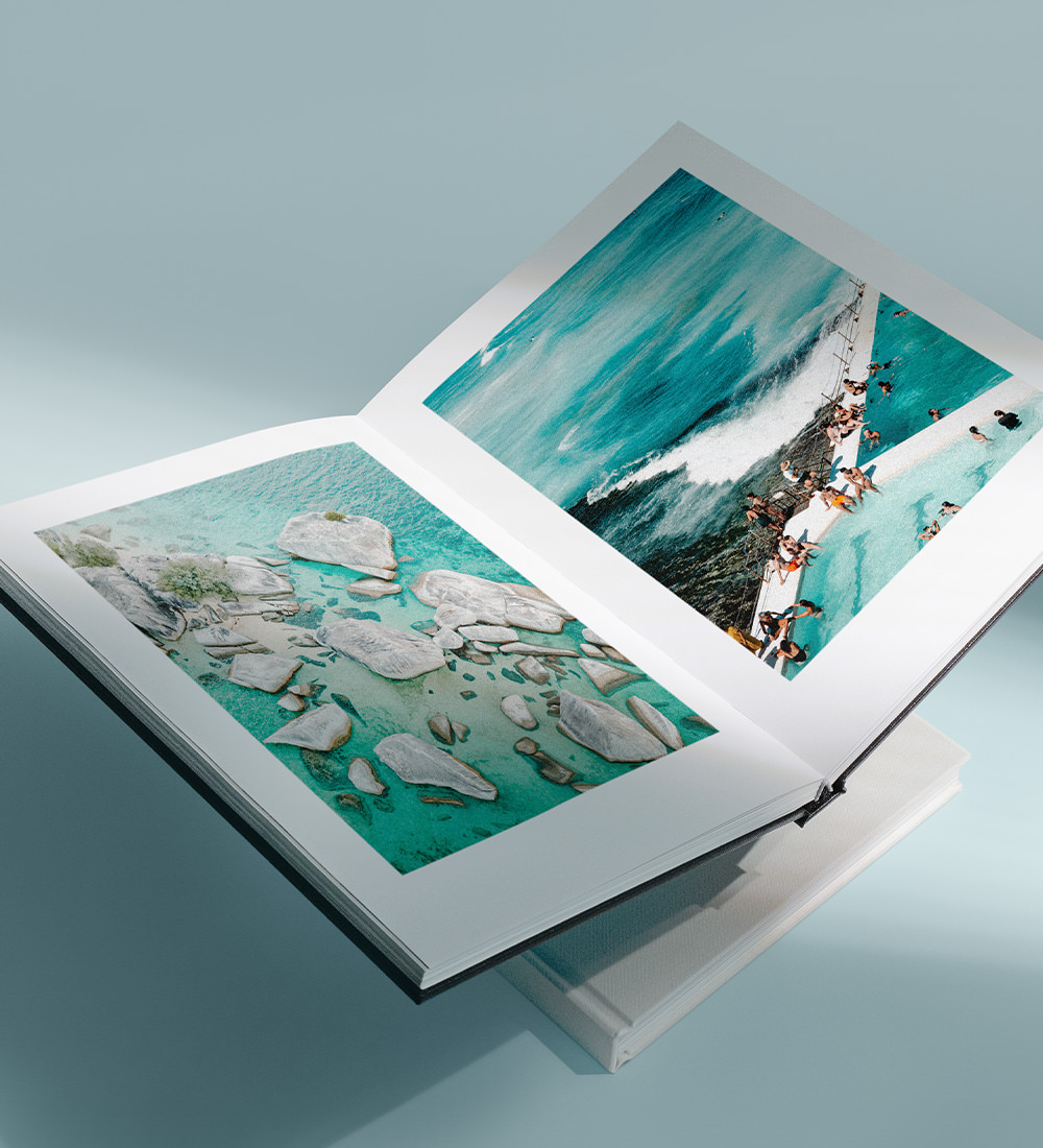 Open Portrait Premium Photo Book with travel photos inside.
