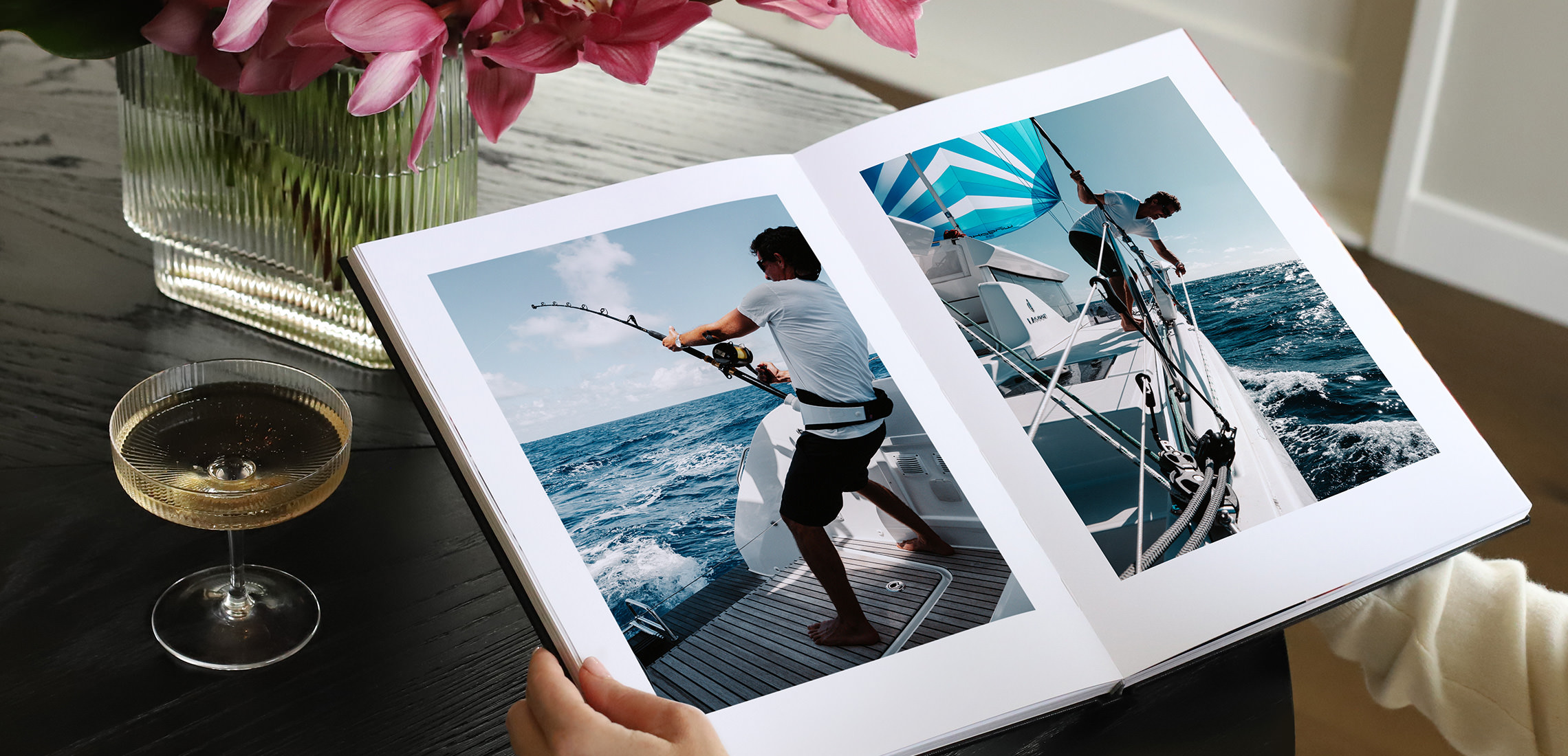 Open Portrait Photo Book of a man on a boat fishing.