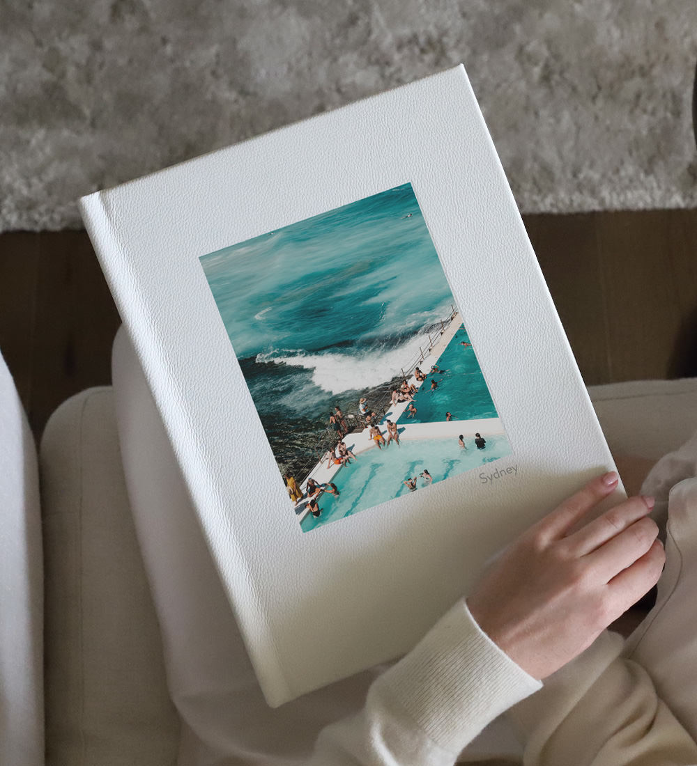 Large Portrait Photo Album with Leather cover and travel photo printed on front.