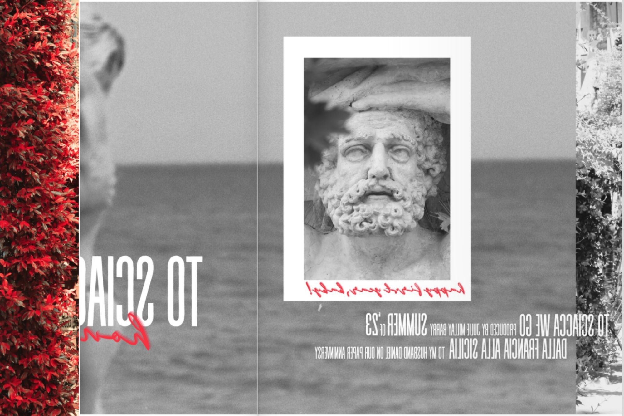 Image of photo book collage with vibrant red leaves, the ocean, and a statue