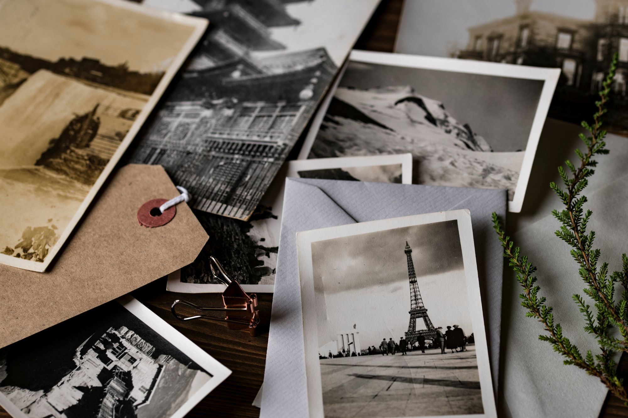 Trinkets from traveling spread out on table