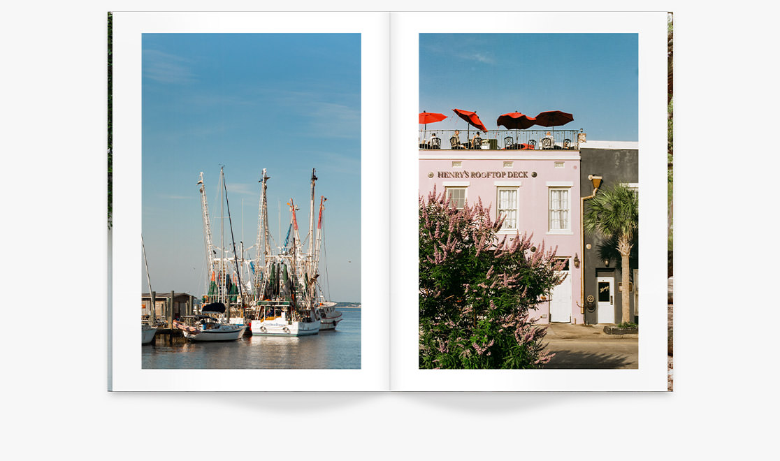 Large Travel Magazine with photos of Charleston on double-page spread.