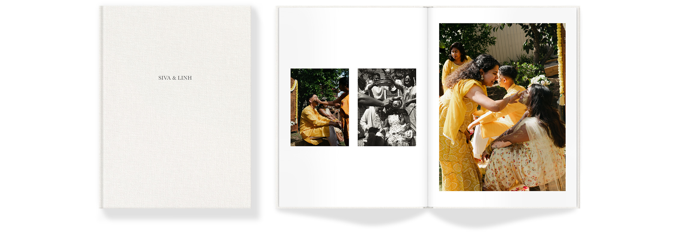 Portrait Premium Photo Book of Indian family in yellow attire smile spreading paste on face of bride at wedding ceremony.