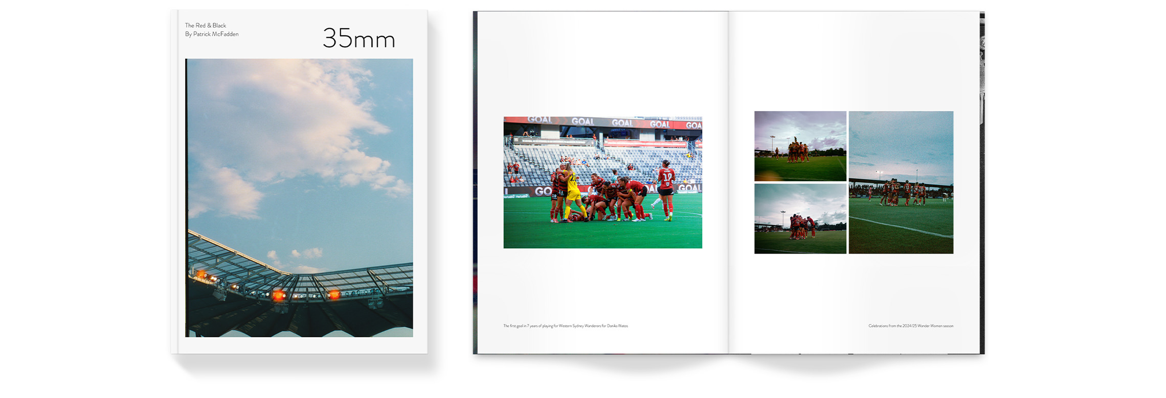 Large Portrait Magazine of women's rugby team smiling together on field in red uniforms.