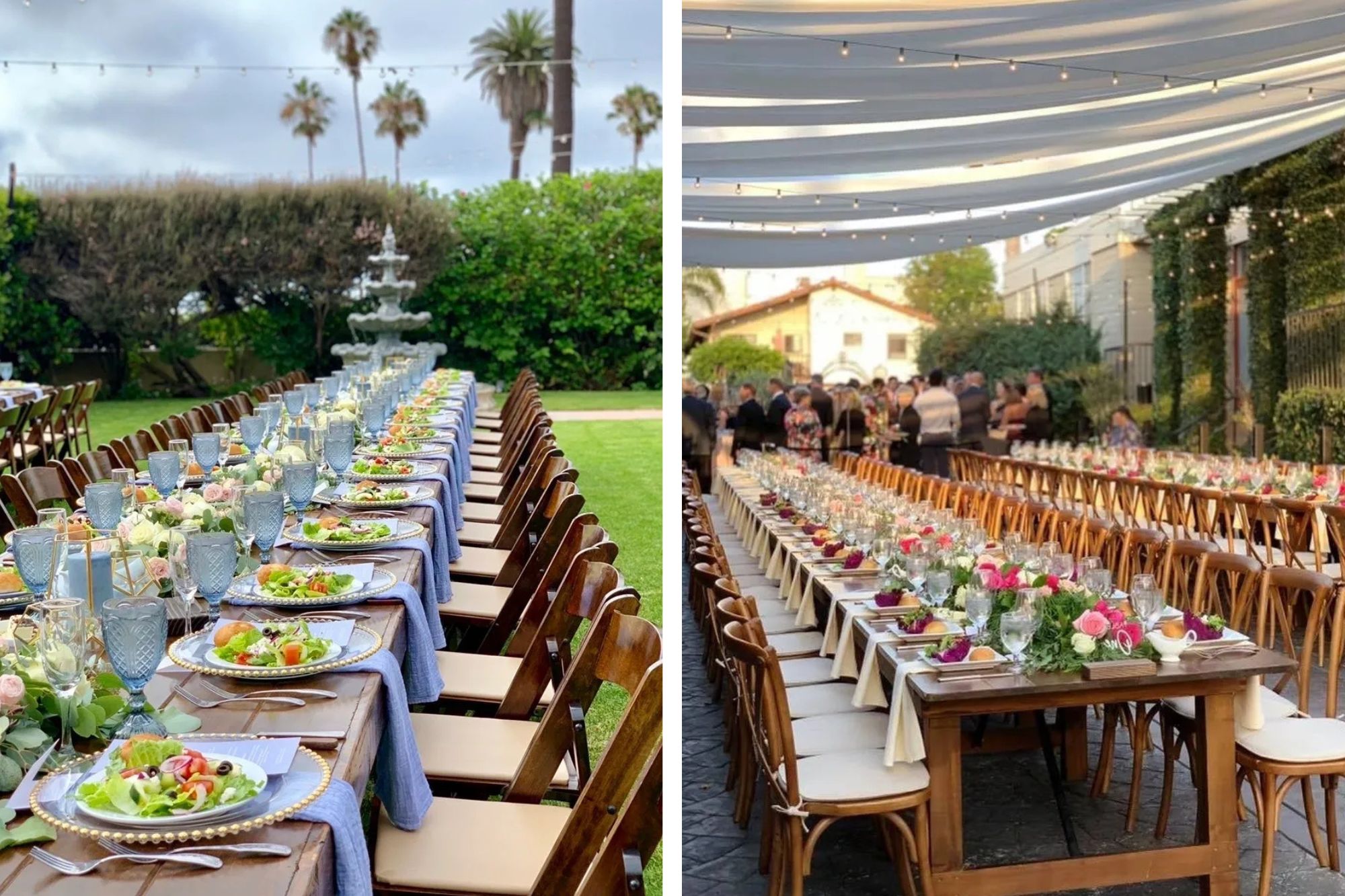 two photos of long banquet tables set for weddings