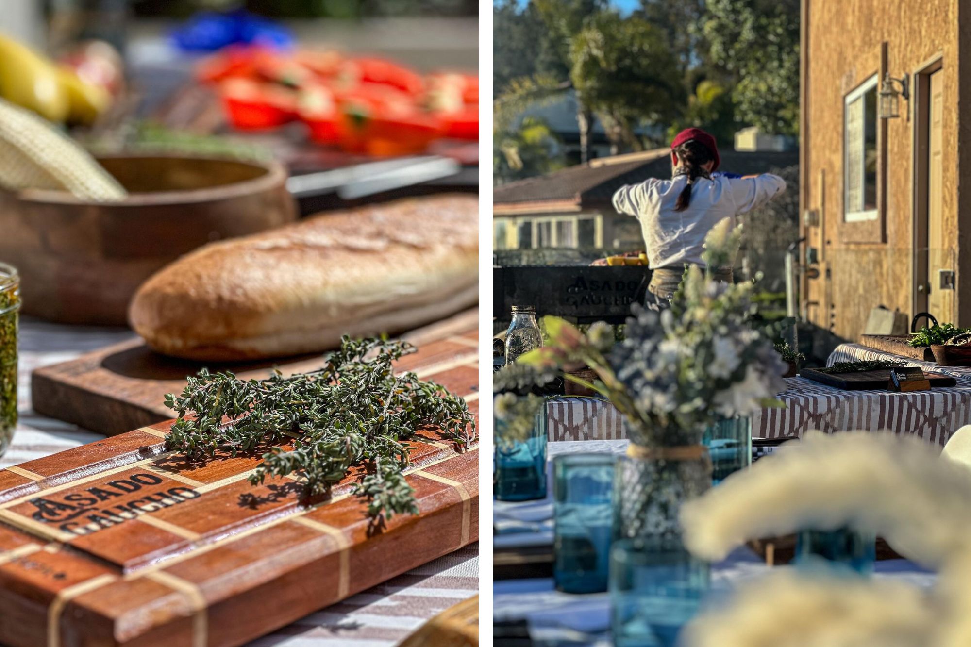 close up image of rustic food board with bread and herbs