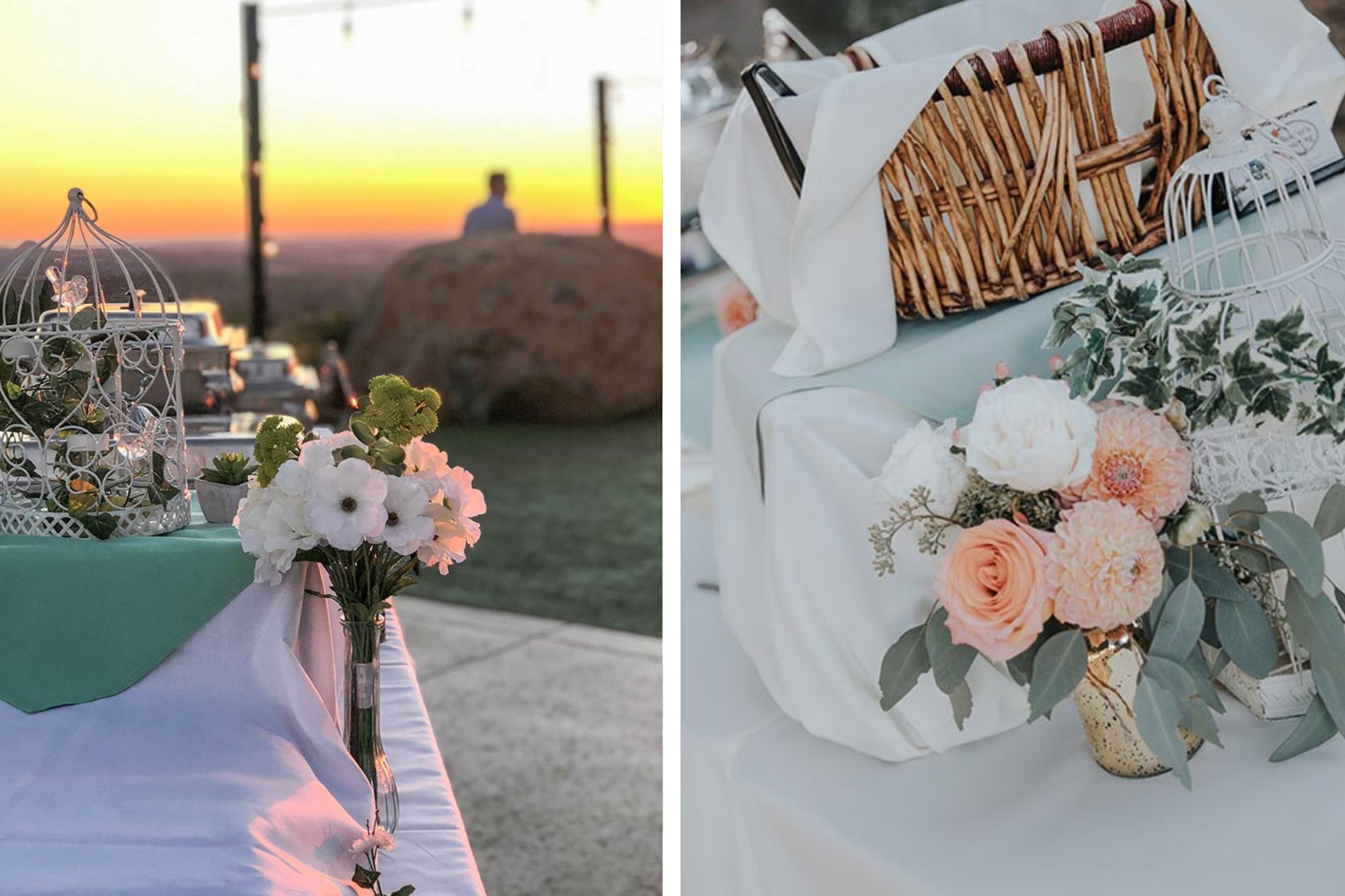 two photos of floral table arrangements at weddings