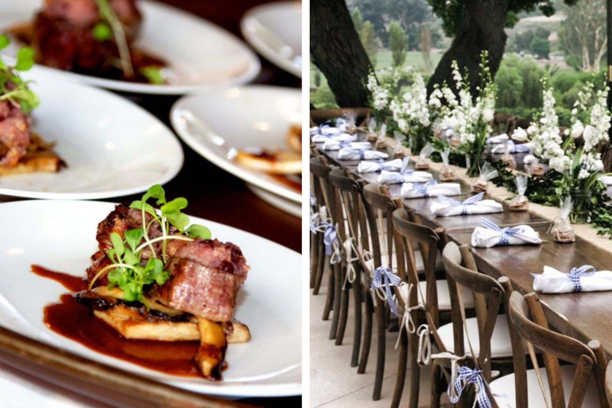 Image of food on white plate and second image is of a wooden banquet table