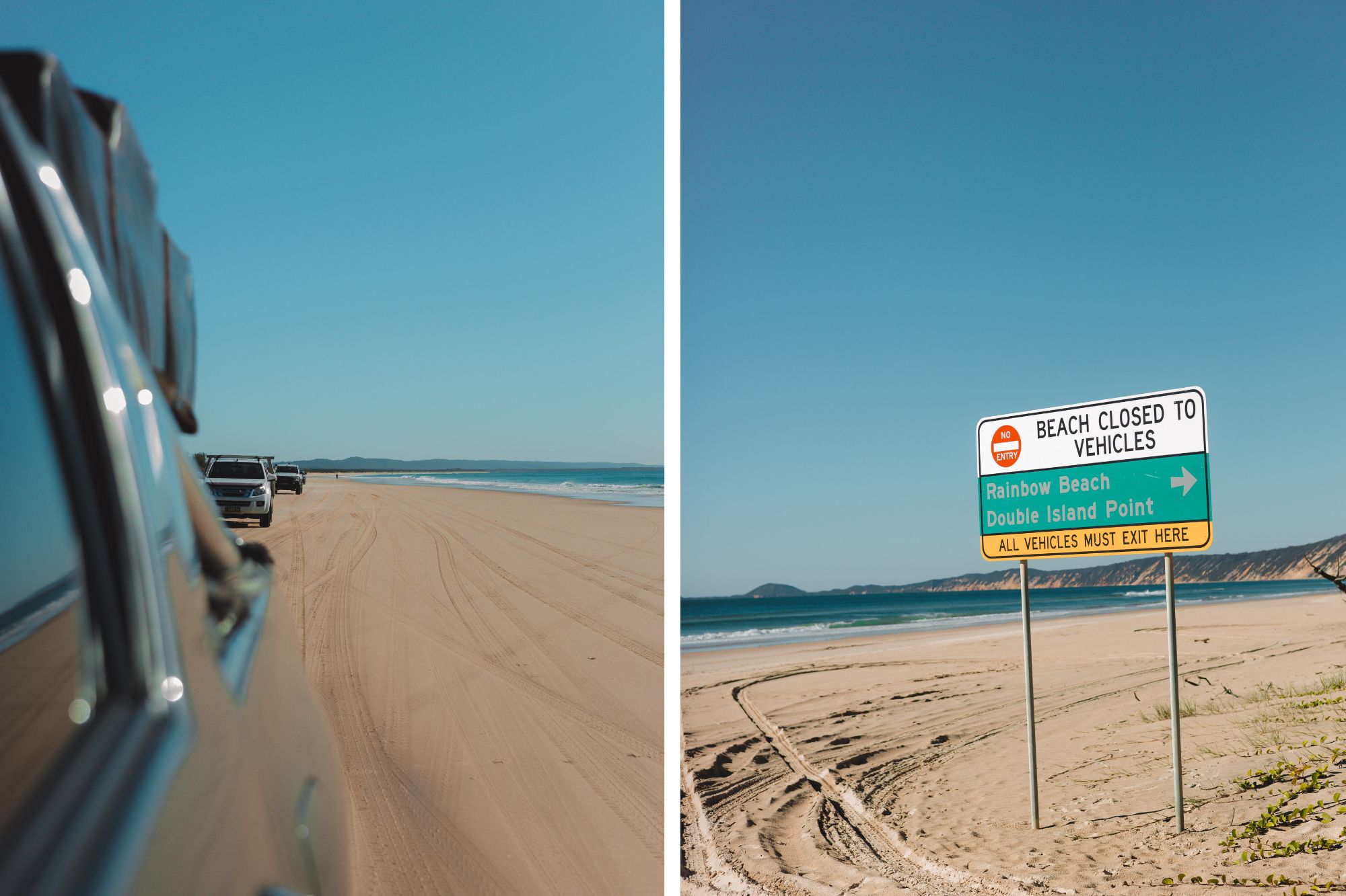 Outside of car window and beach sign