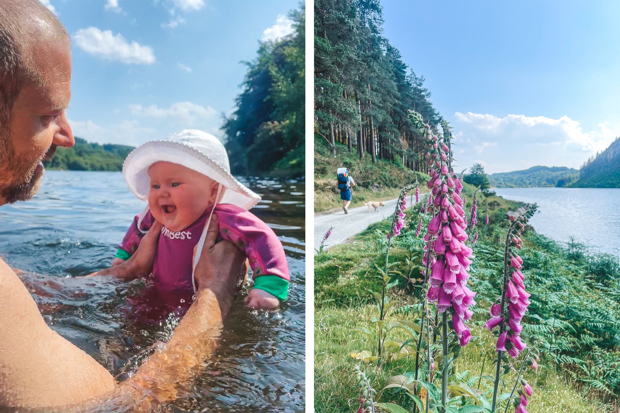 Baby laughing and purple flower