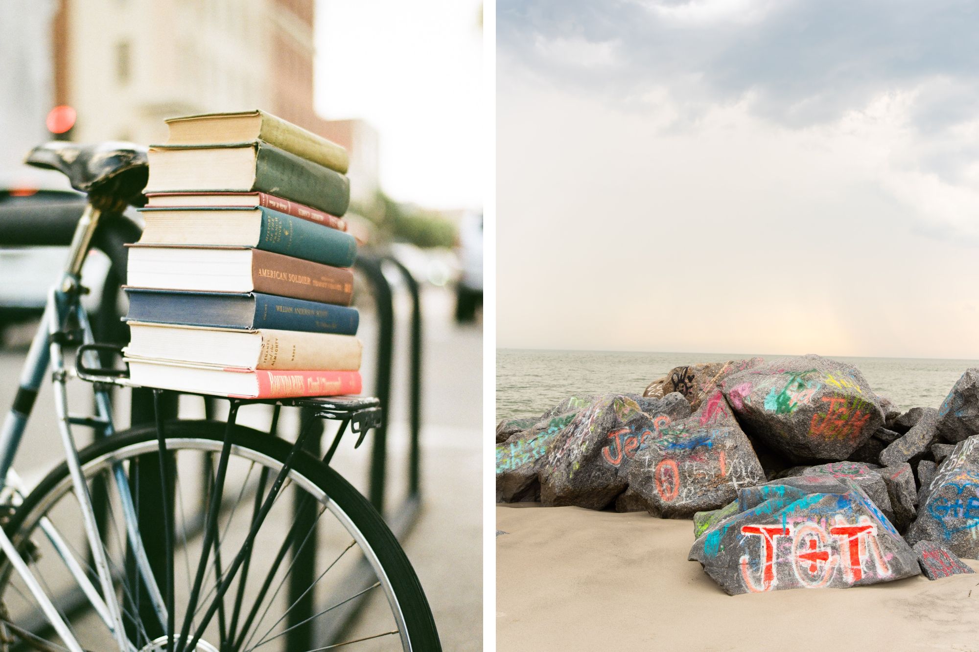 Bike with books balanced with rock with graffiti on it