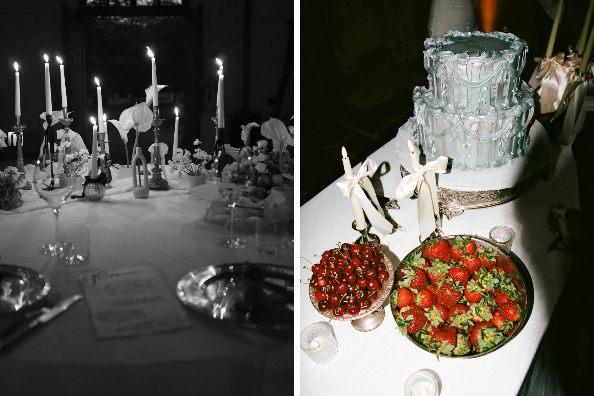 Red cherries and strawberries on table