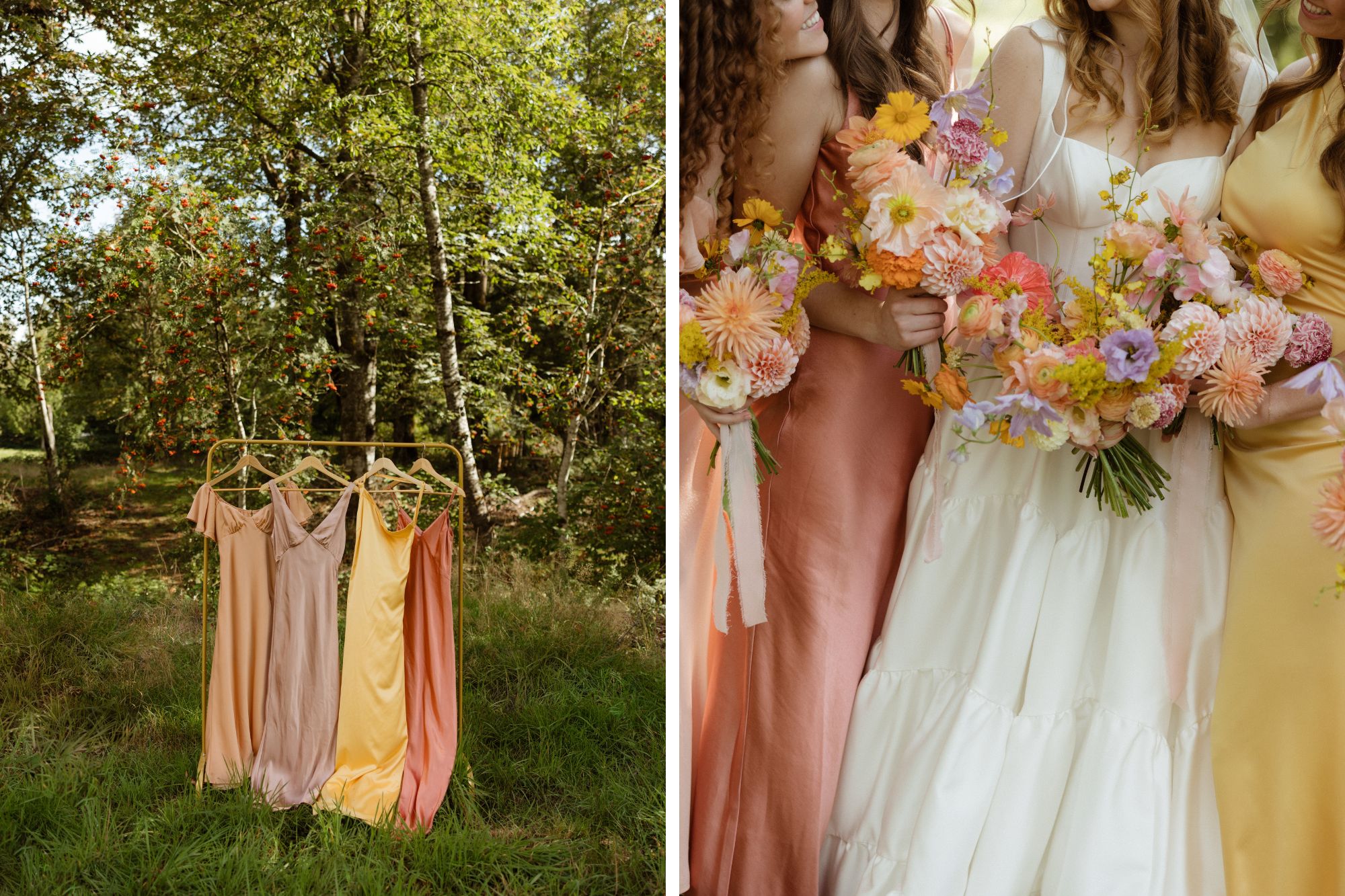 Pastel wedding dresses in garden