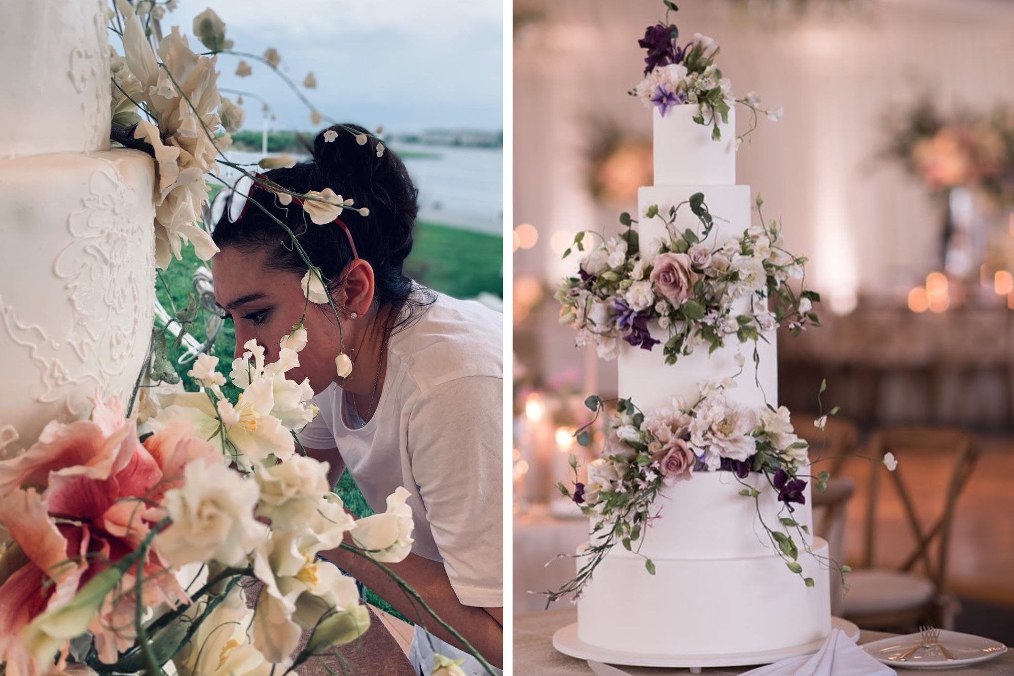 Detailed icing on white tiered wedding cake covered in leafy stemmed flowers.