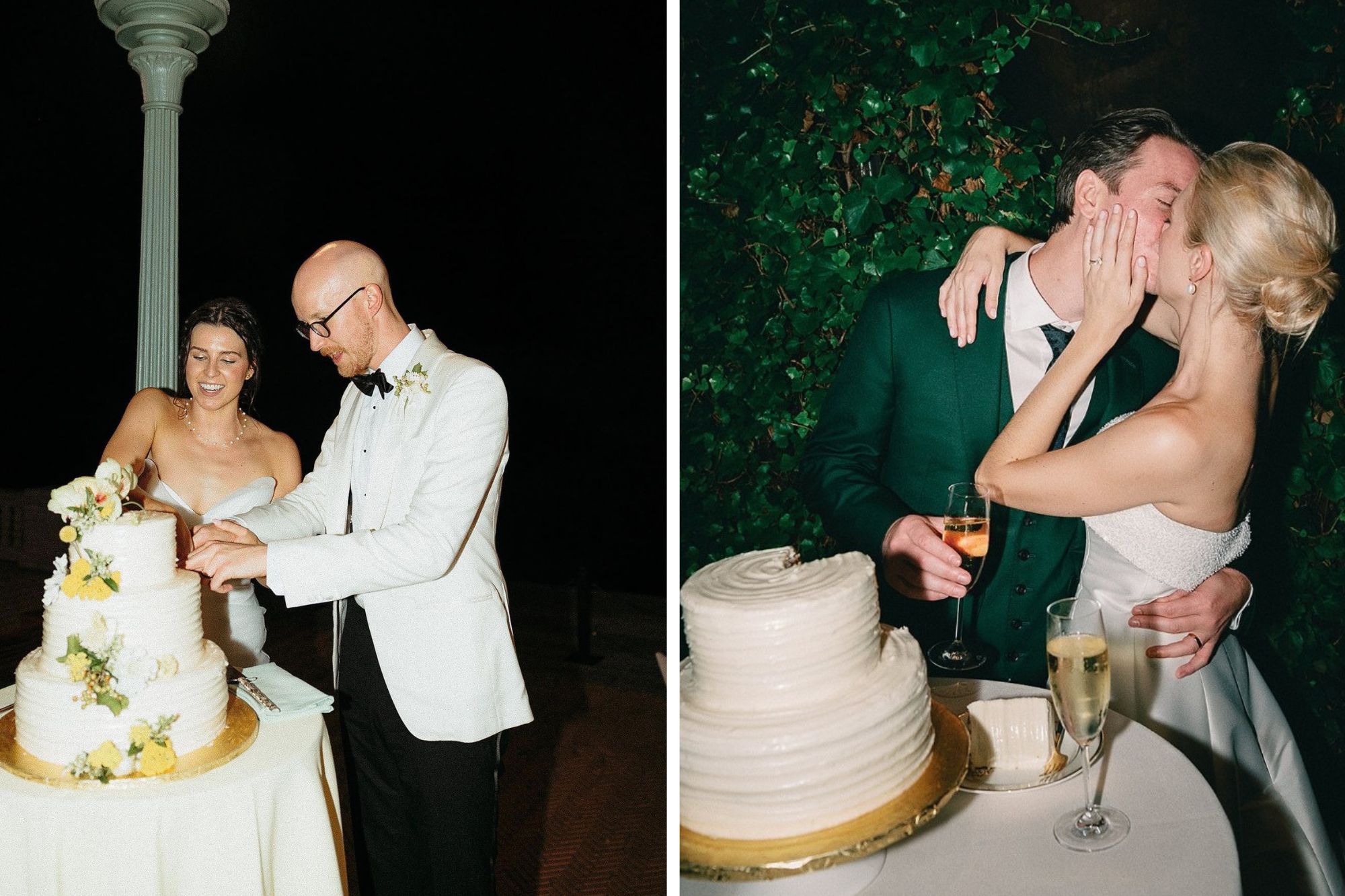Two newlywed couples cut their similar wedding cakes that feature white icing in simple spiral designs.