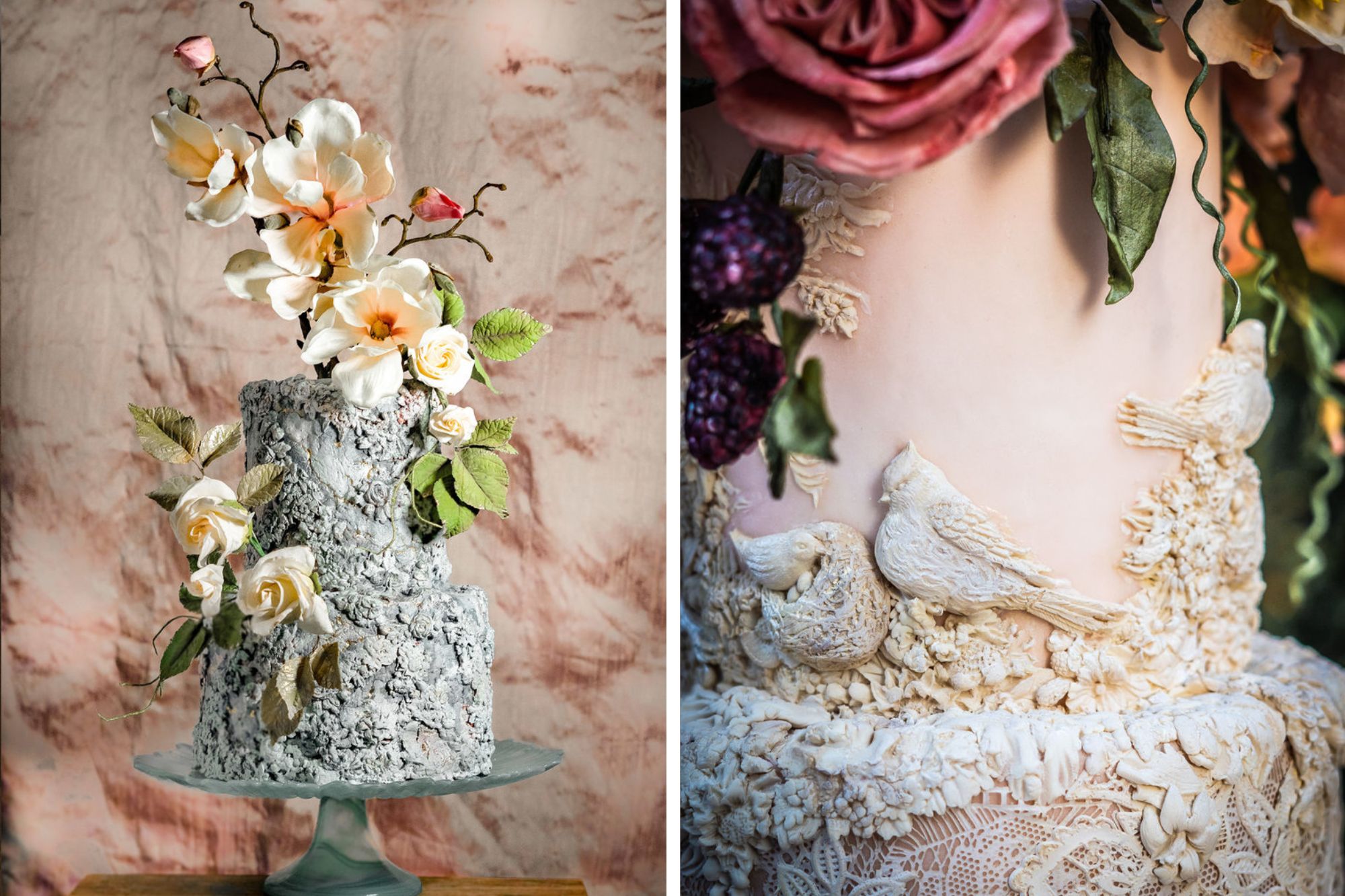 Intricate detailed icing and lace on two-tiered wedding cakes covered in sugar roses.