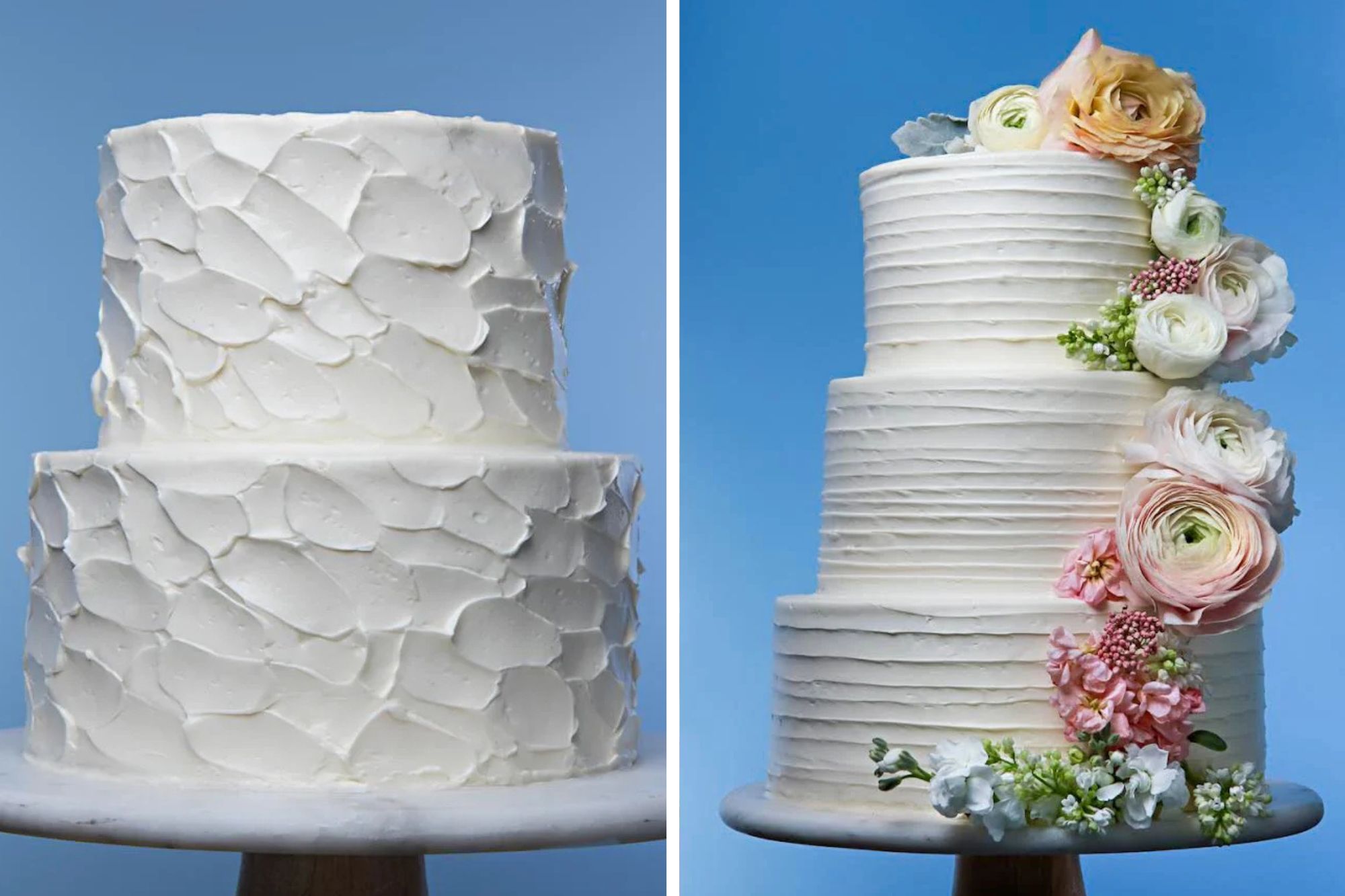 Simple and contemporary white smeared icing wedding cakes of two and three tiers.