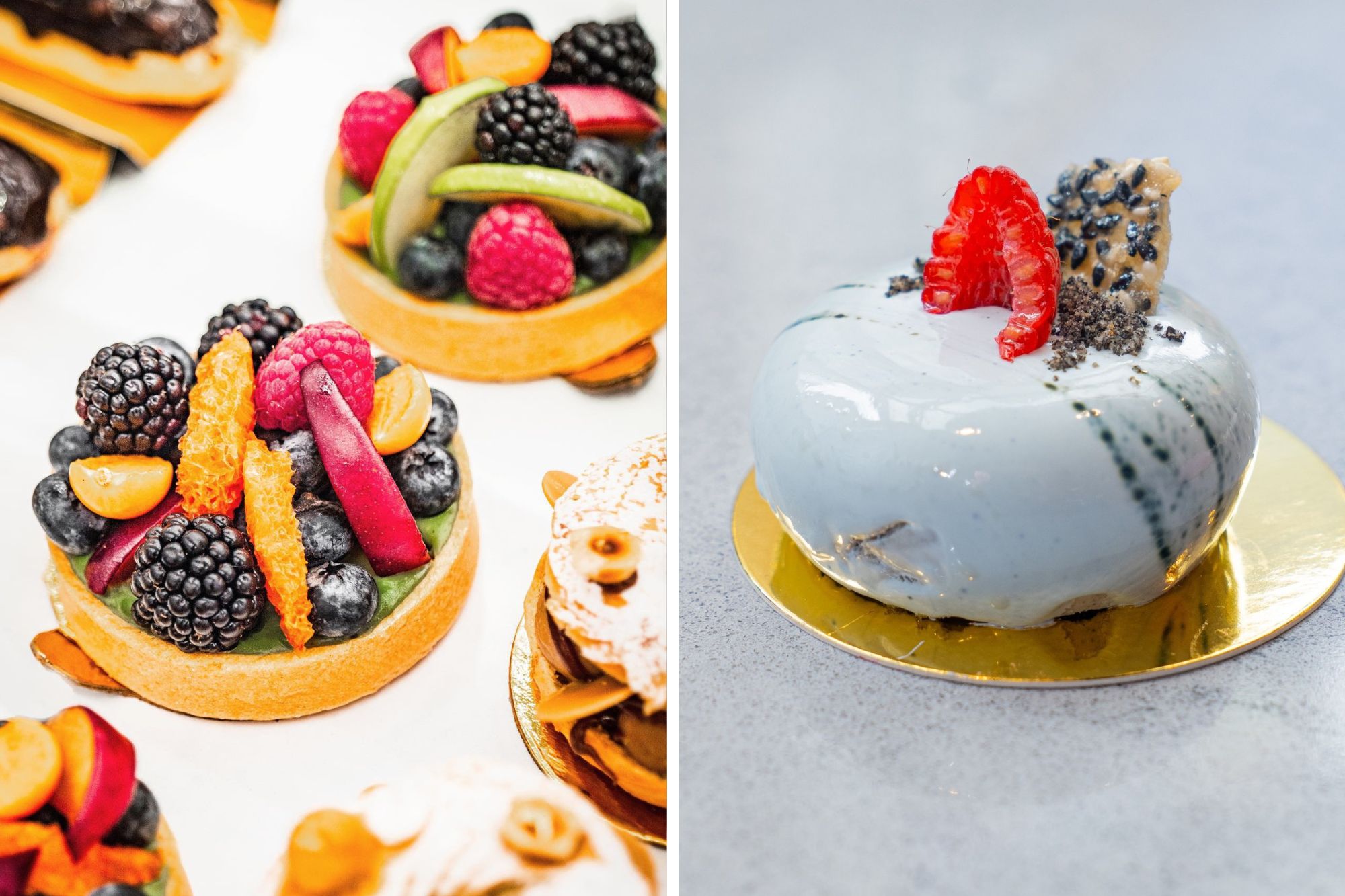 Fruit tarts laid next to luxurious gold leaf decorated mousse dessert.