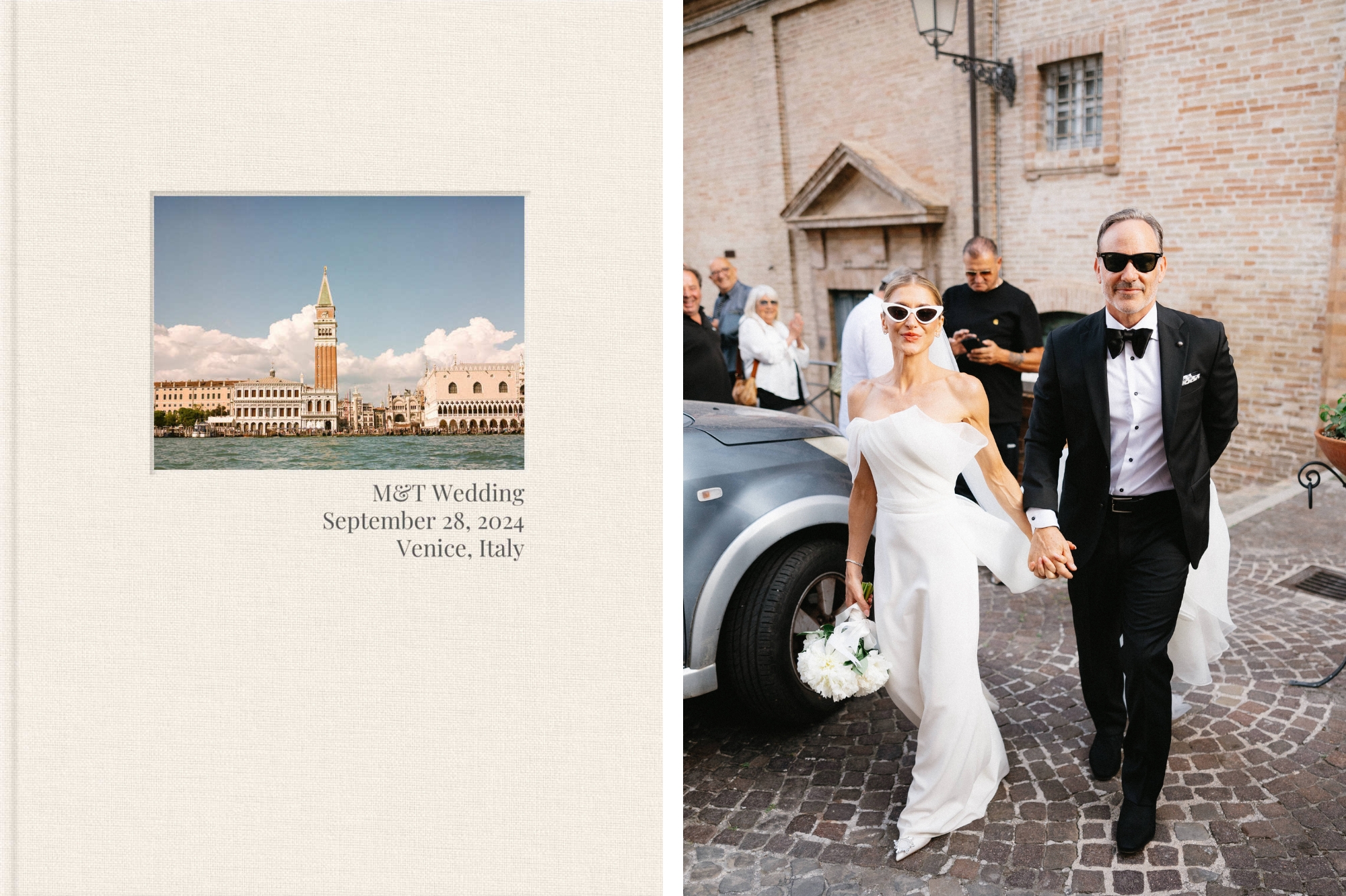 Couple with sunglasses and wedding outfits on