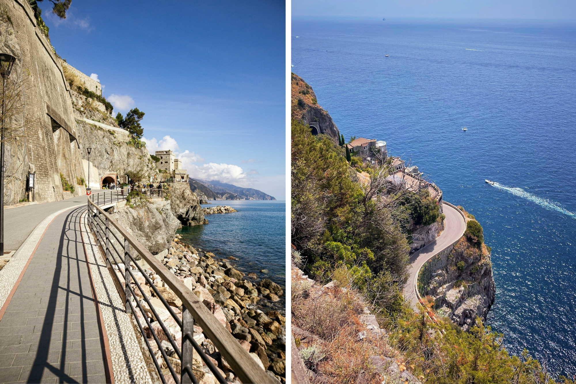 Well paved windy road on edge of cliffs in Italy overlooking ocean on bright, sunny day.
