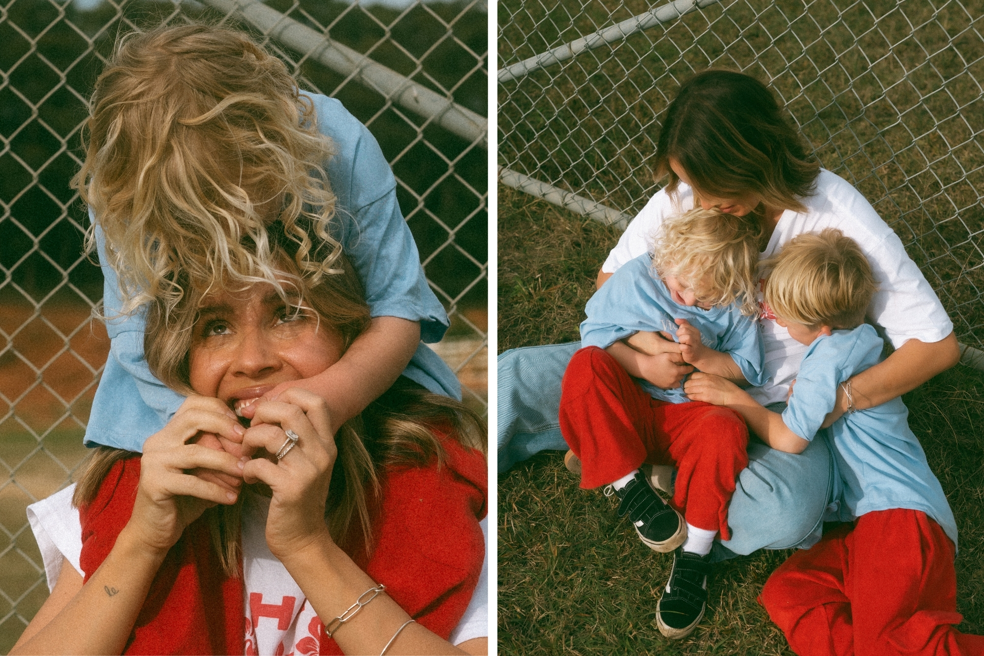 Mother piggy backs son in front of chain fence.