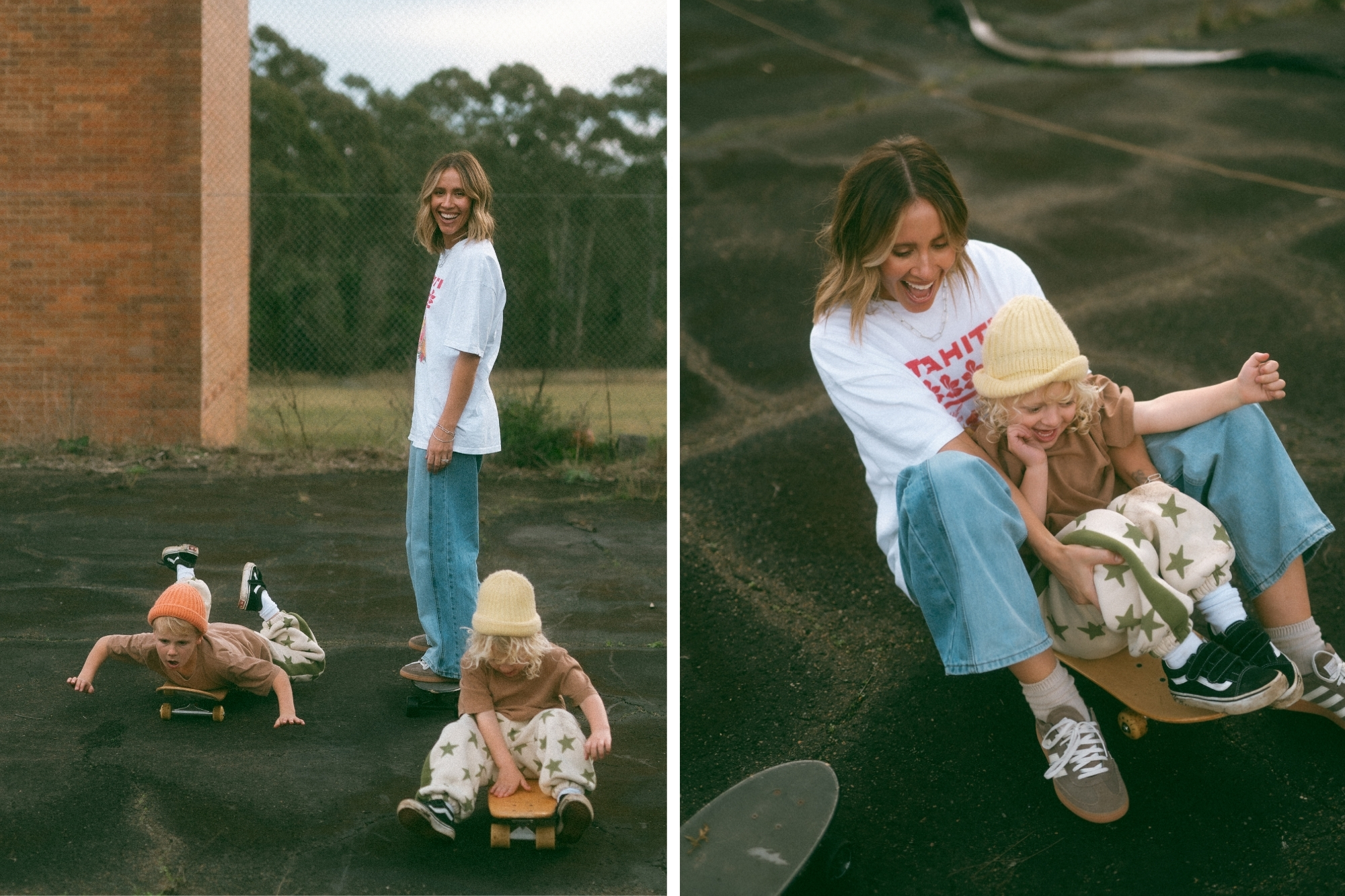 Children on skateboards around empty concrete basketball course while mother looks on smiling.
