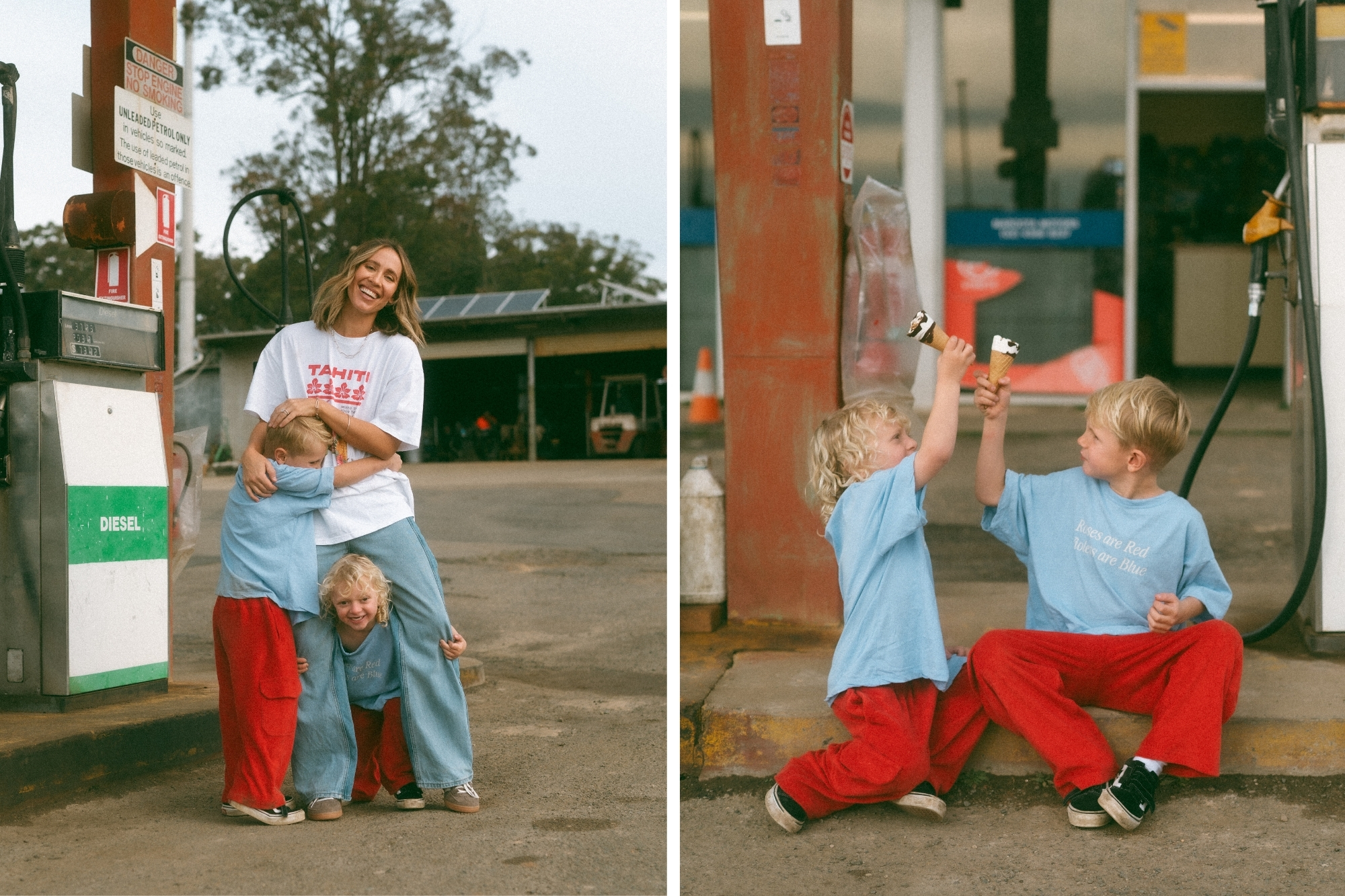 Mother smiling at children holding ice creams at a gas refillery.