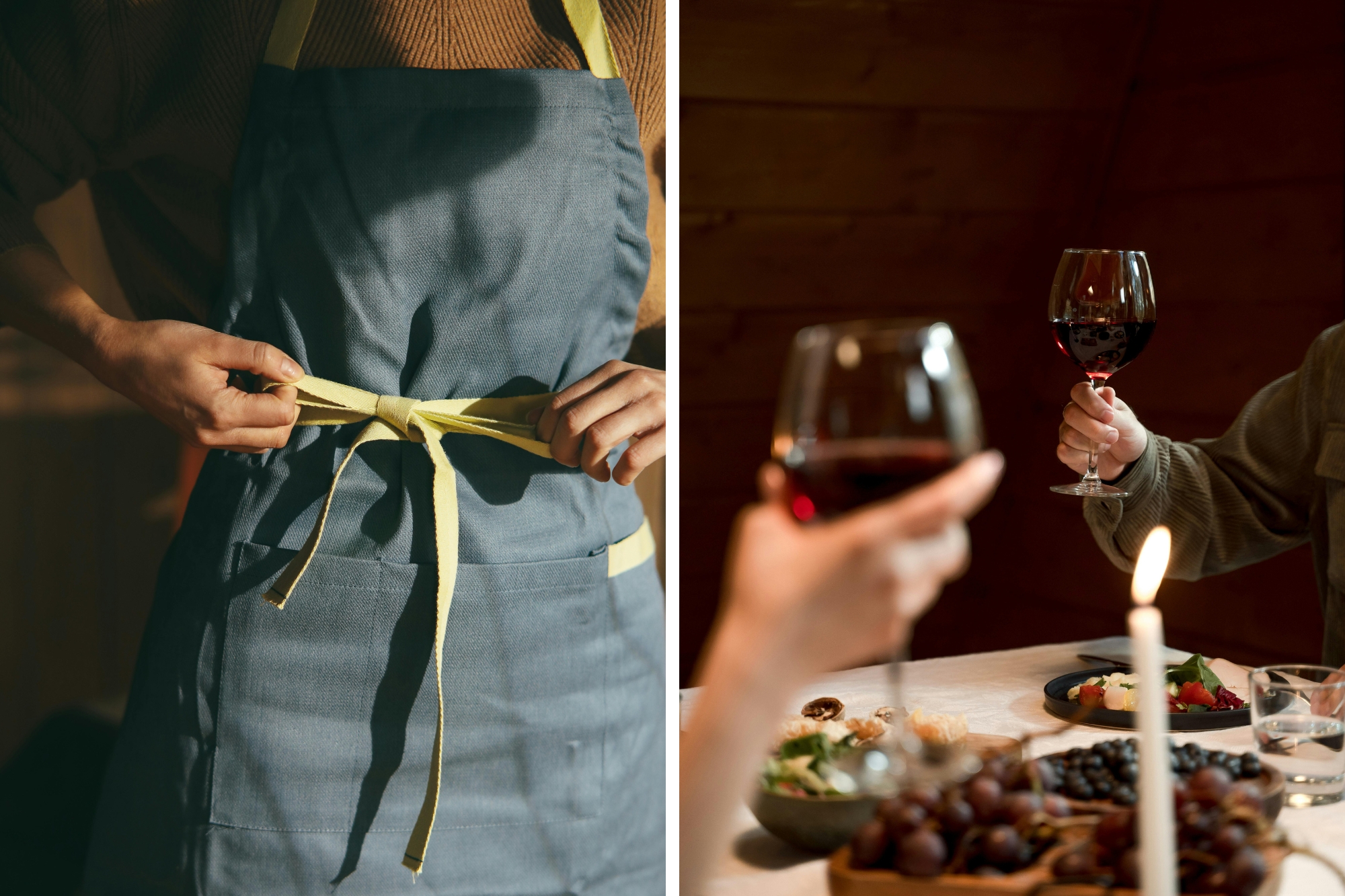 Chef tying apron and couple drinking wine