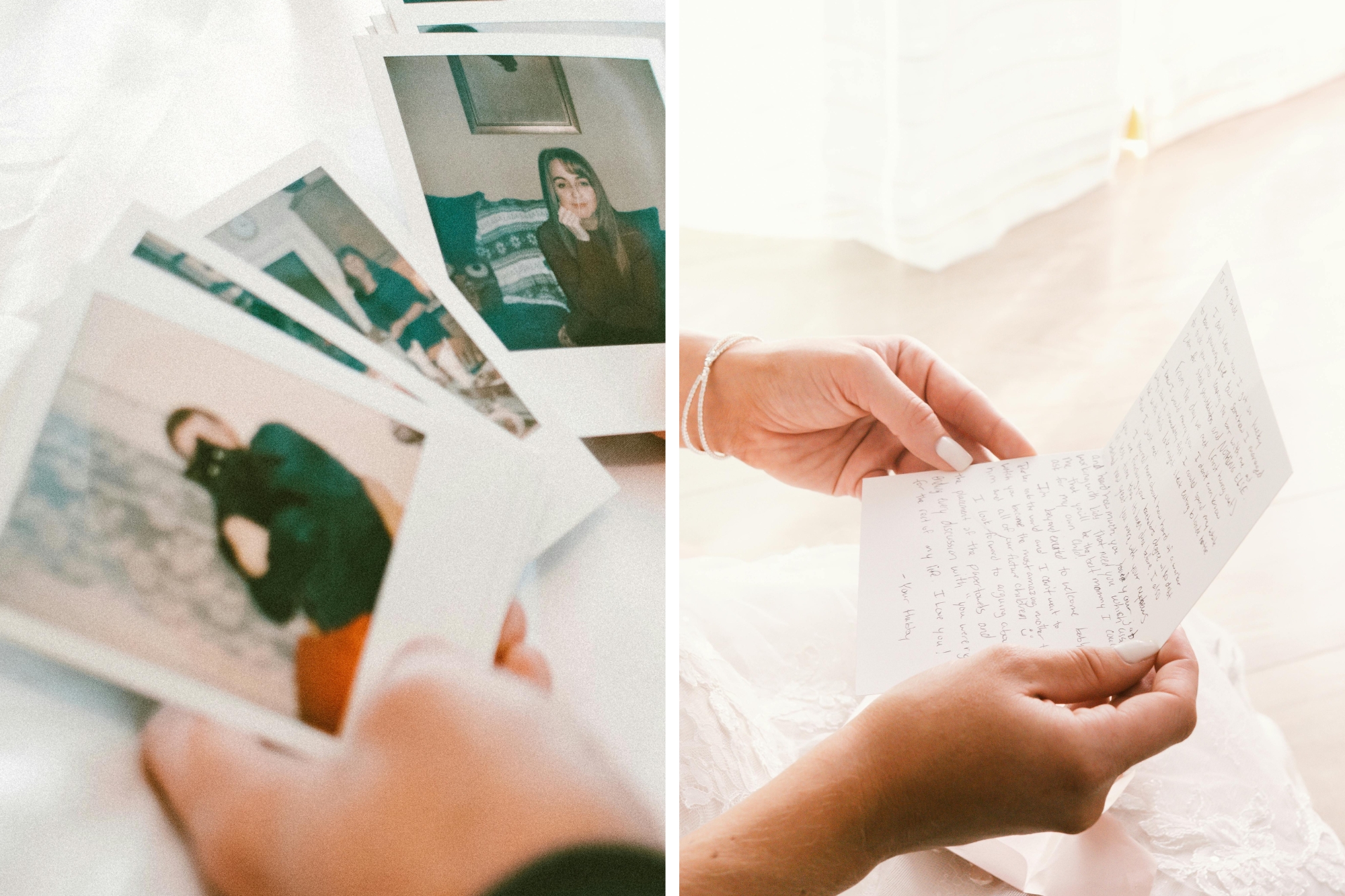 Handwritten letters and polaroid photos layed out together