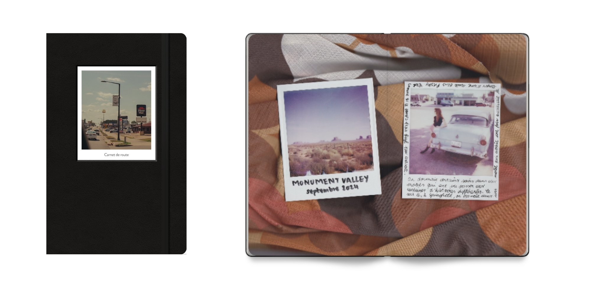 Open Portrait Moleskine Photo Book titled Carnet de route highlighting photos of Monument Valley.