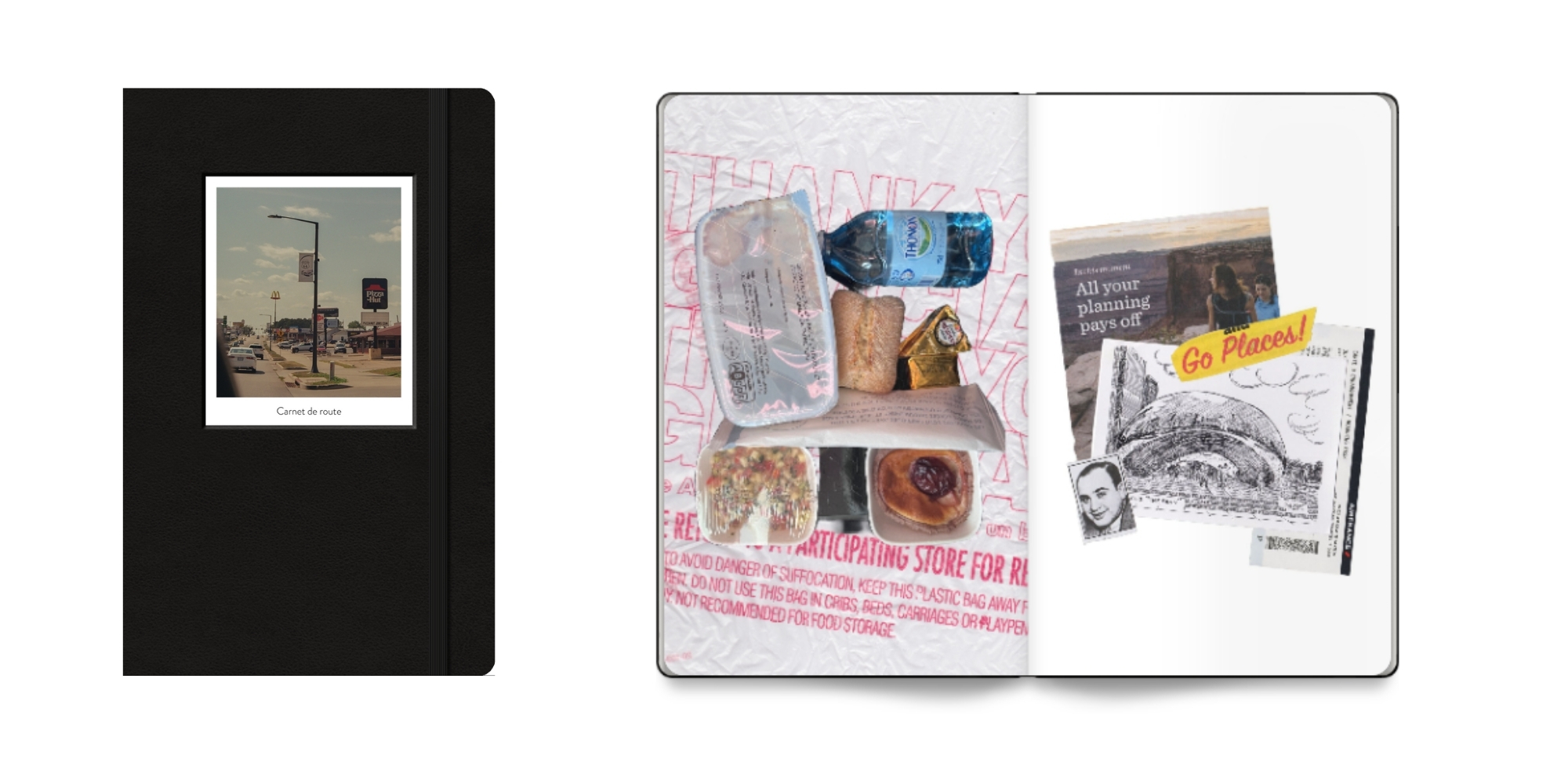 Open Portrait Moleskine Photo Book titled Carnet de route highlighting photos of trinkets, stickers and notes saved from travels.