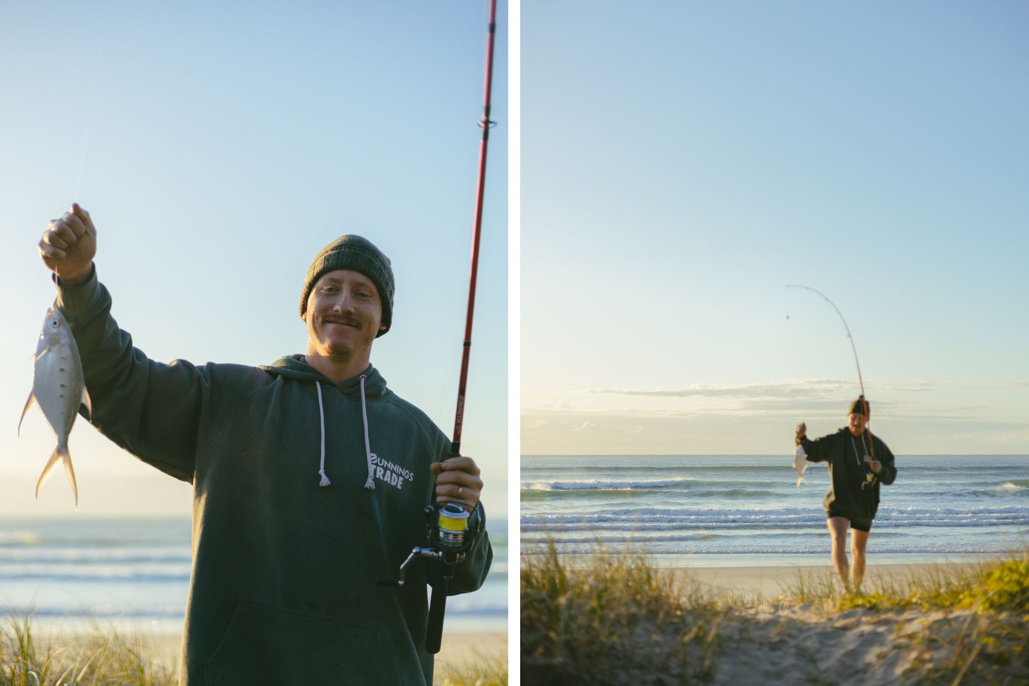 photo of a man holding a fish on fishing rod