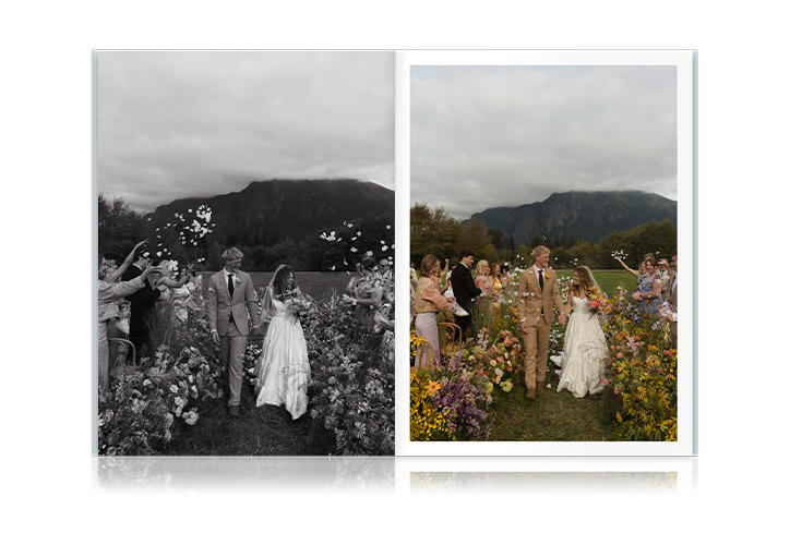 Open Large Wedding Magazine with newlywed couple walking down aisle lined with colorful flowers.