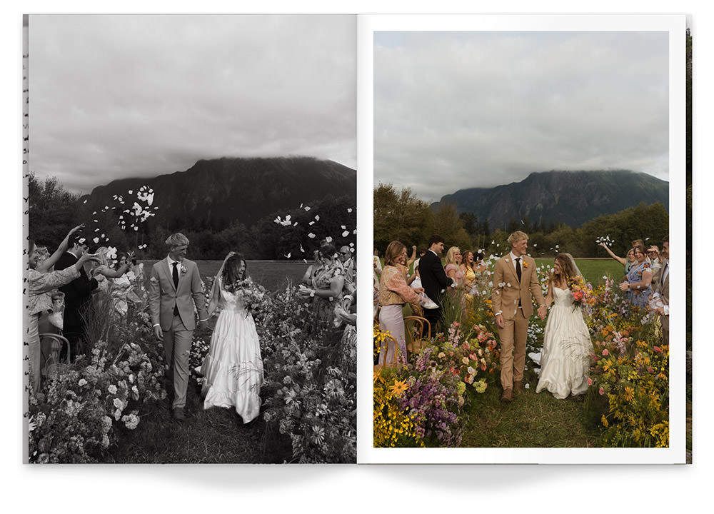 Open Wedding Magazine with photos of bride smiling with bridesmaids wearing blush toned dresses standing in a field under overcast skies.