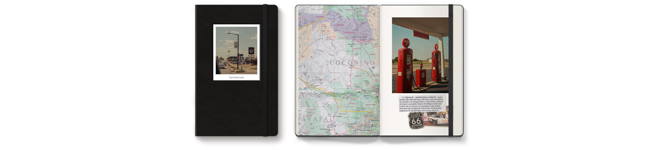 Moleskine Photo Book with photos of red gas pumps at station in countryside with warm sunlight casting over.