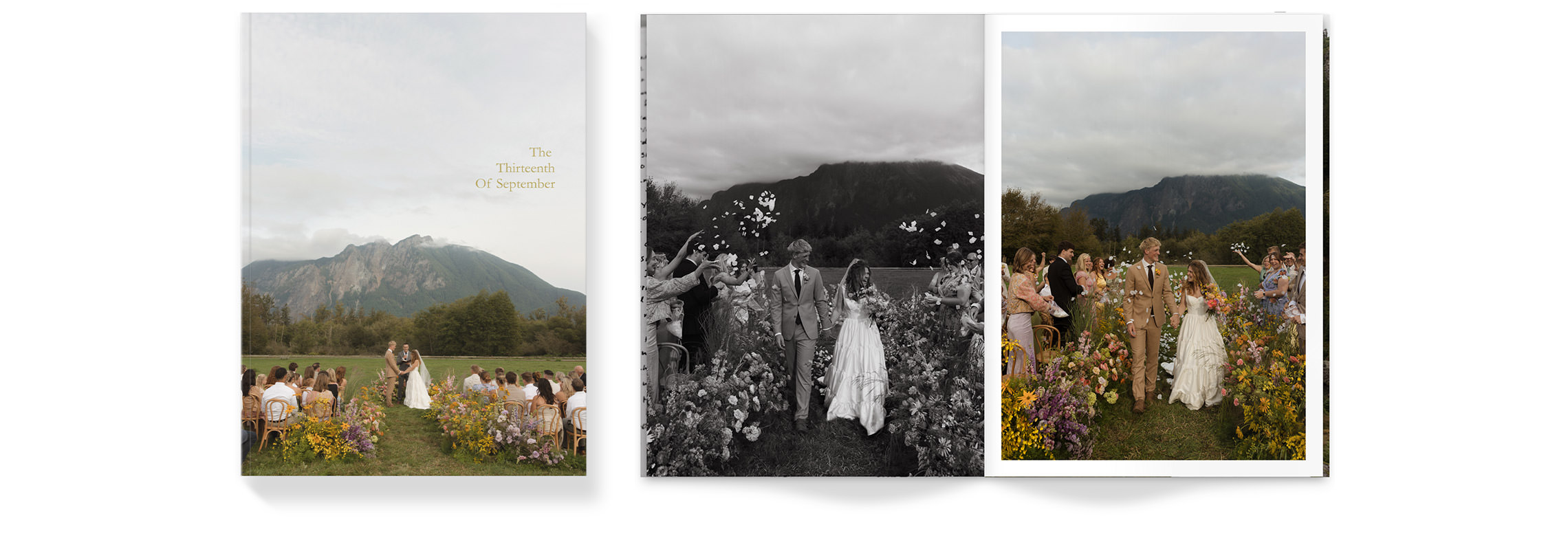 Open Wedding Magazine with photos of bride smiling with bridesmaids wearing blush toned dresses standing in a field under overcast skies.