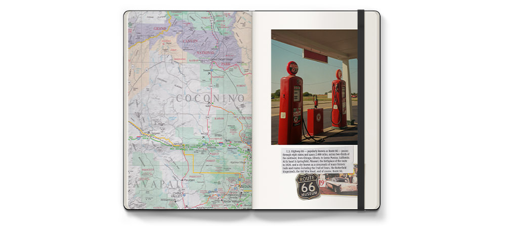 Moleskine Photo Book with photos of red gas pumps at station in countryside with warm sunlight casting over.