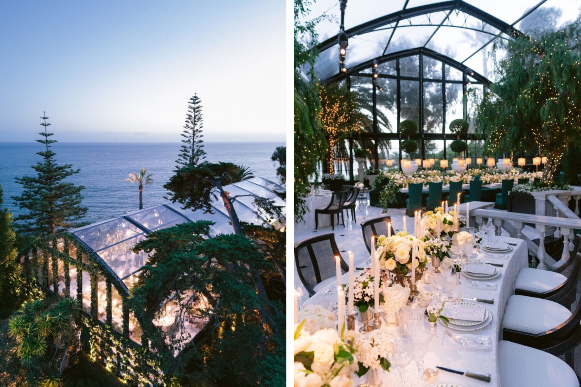 Black and white themed wedding table settings with warm candlelight and white flowers under clear covered venue.
