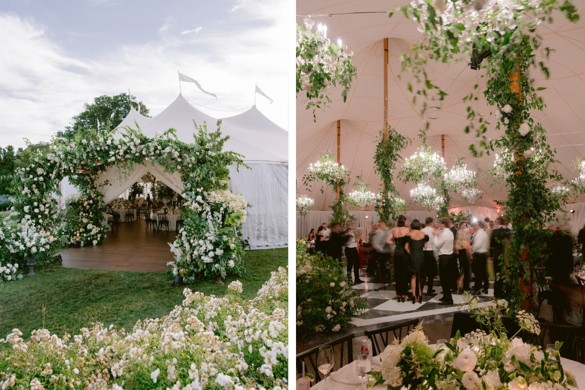 Wedding reception with warm pink lighting under large canopy event tent surrounded in luxurious white flowers.