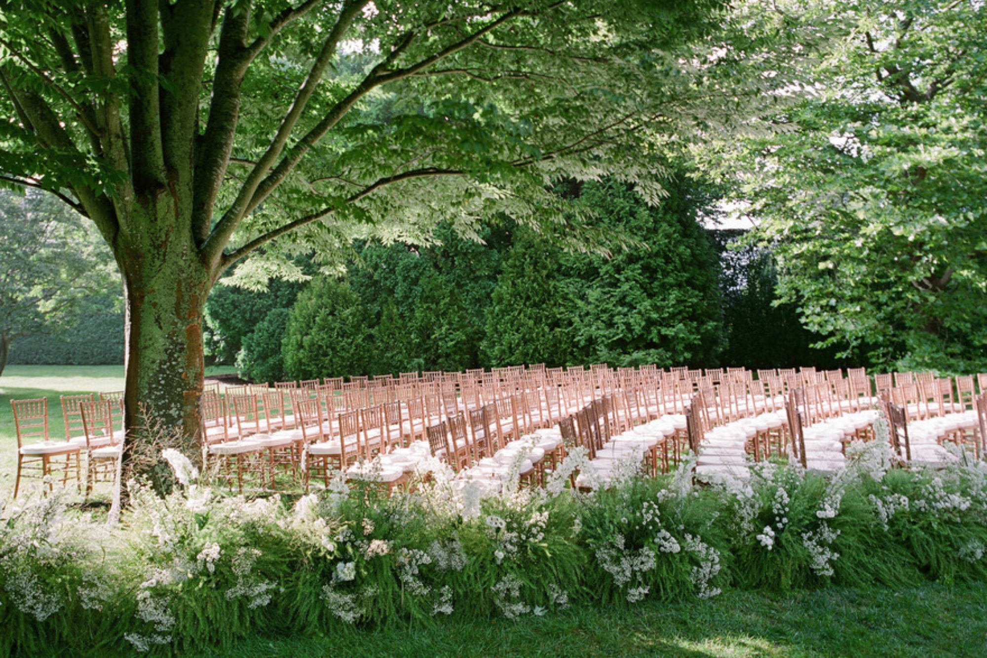 Many wooden chairs with white pillows arranged together for a wedding ceremony in a well kept park.