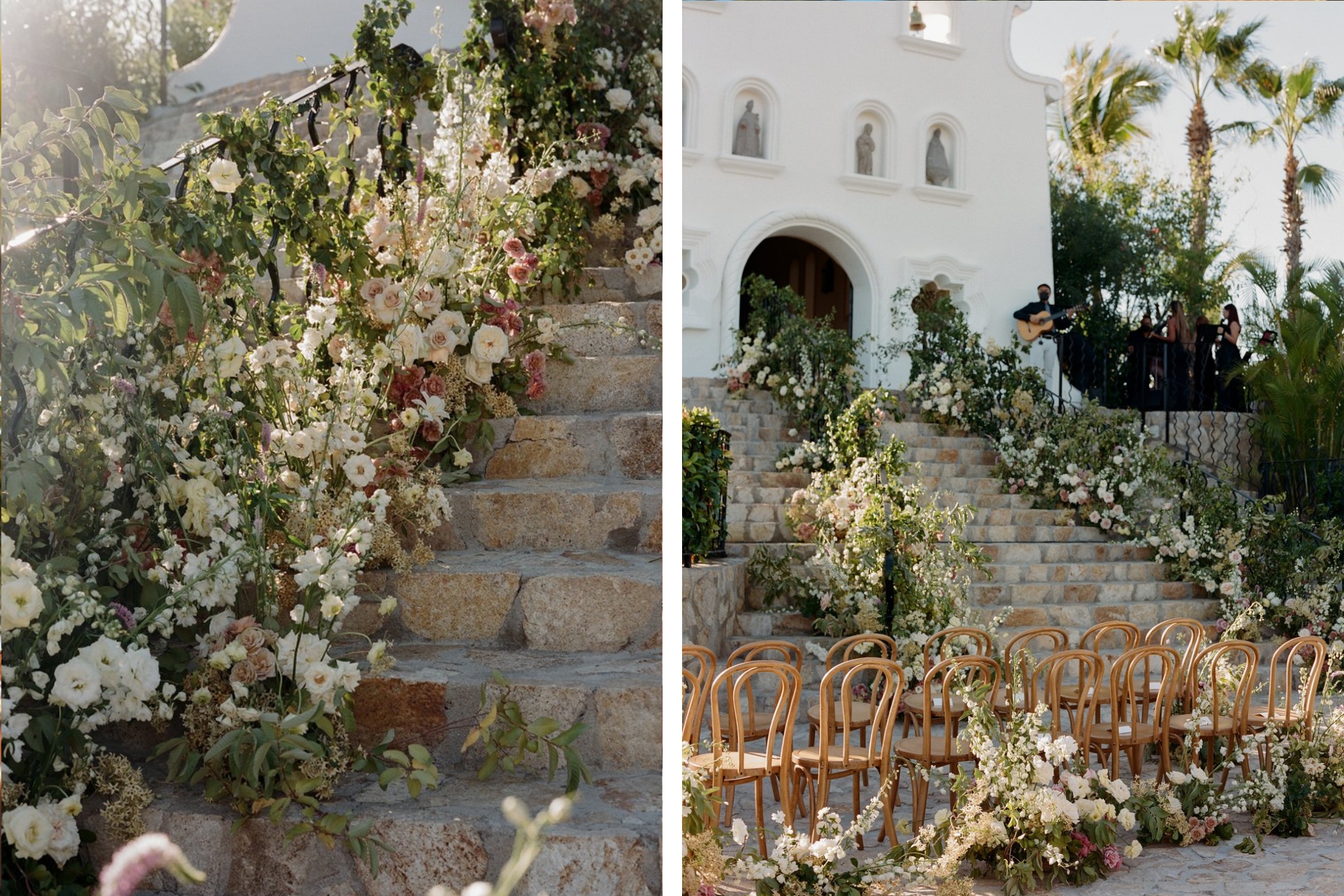 Historical Spanish building with wooden seats facing stairs lined in white flowers for wedding ceremony.