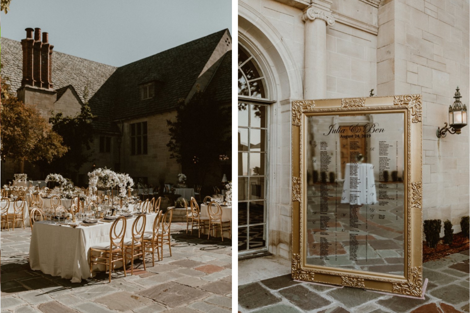 Small sized tables for wedding reception scattered in courtyard of a historical mansion house with multiple gold accents.