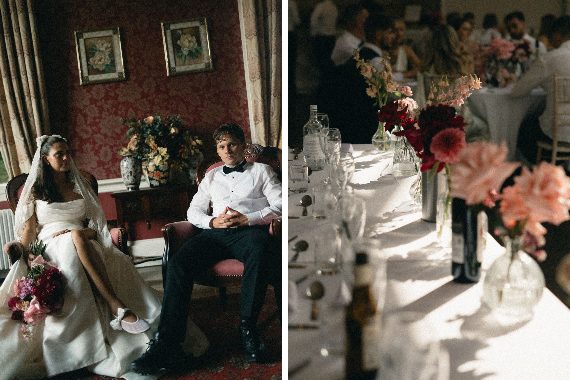 A bride and groom sit in vintage Rococo seating together while in wedding attire.