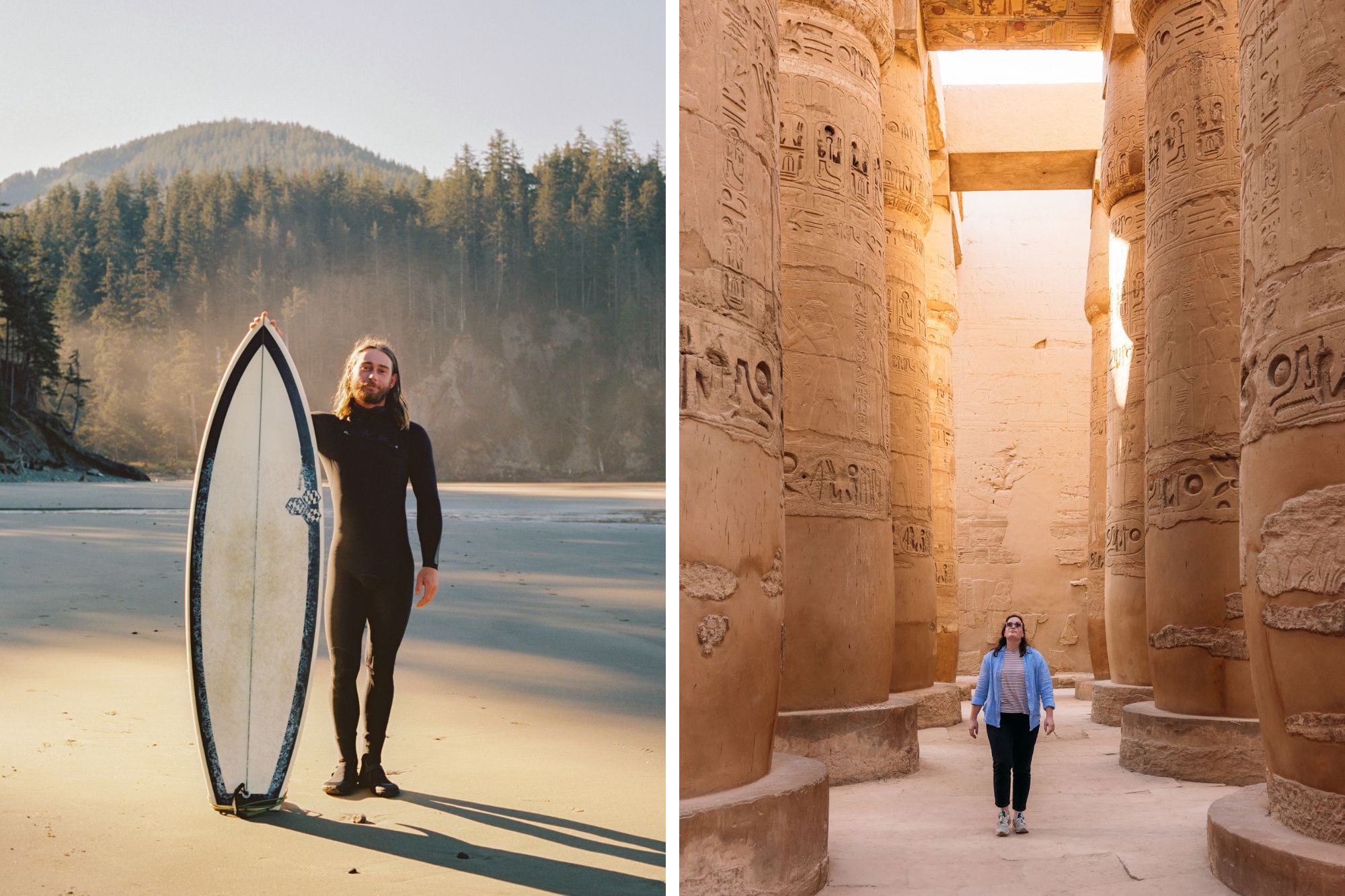 Two portrait pictures - left shows man in wetsuit with white surfboard standing on sandy beach. Right shows woman walking through Egyptian temple.