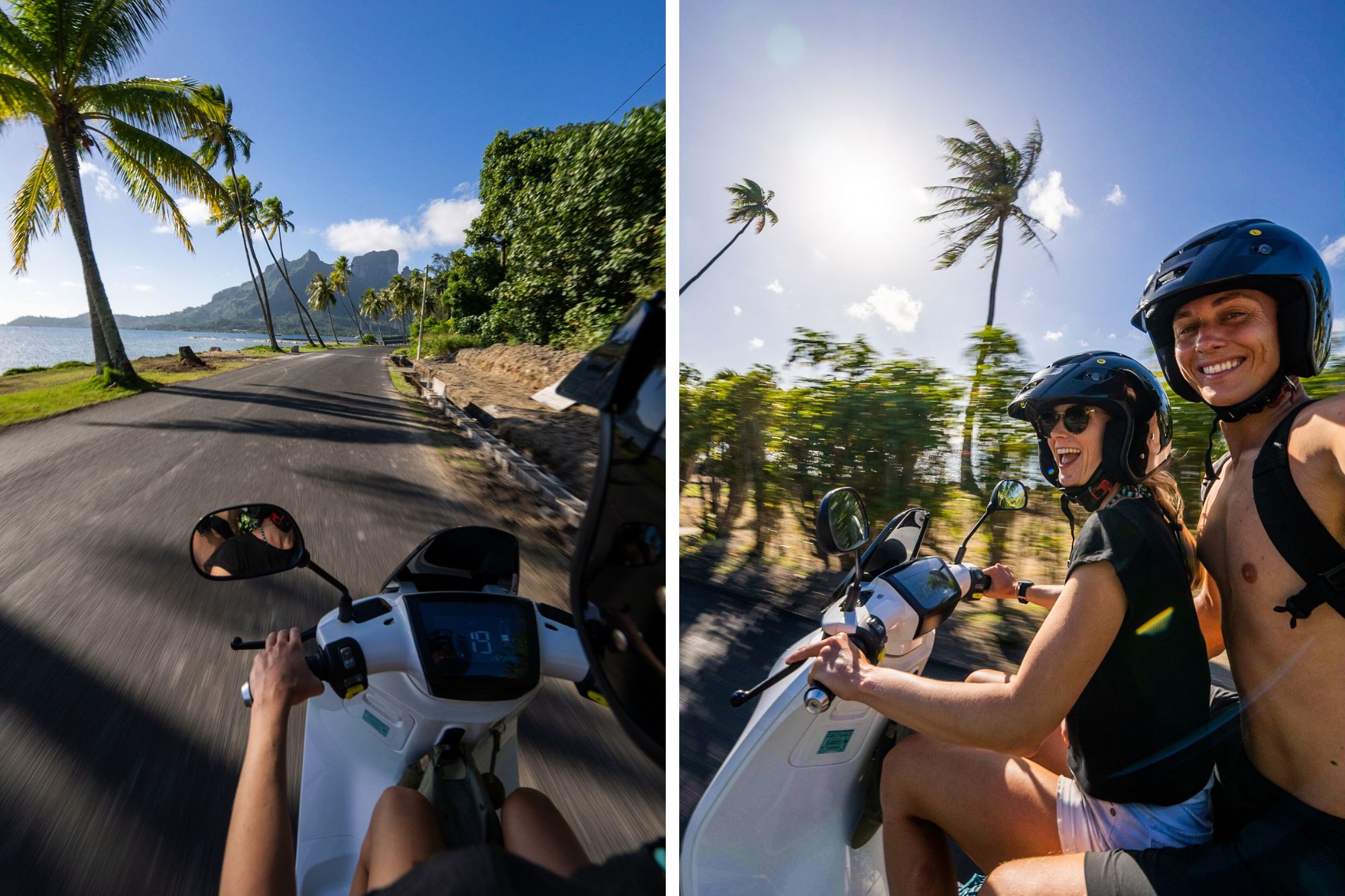 Couple smiling riding motorbike together down road on a tropical island under bright sunlight.