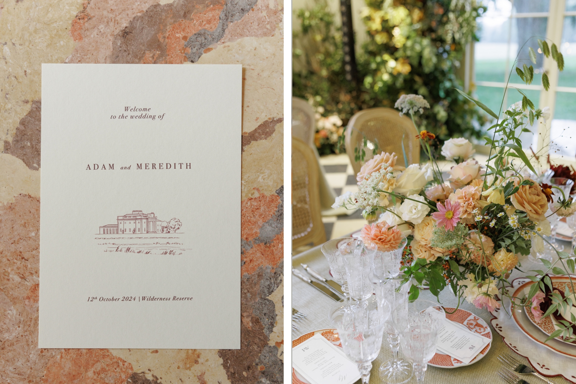 Wedding invitation and flower arrangement