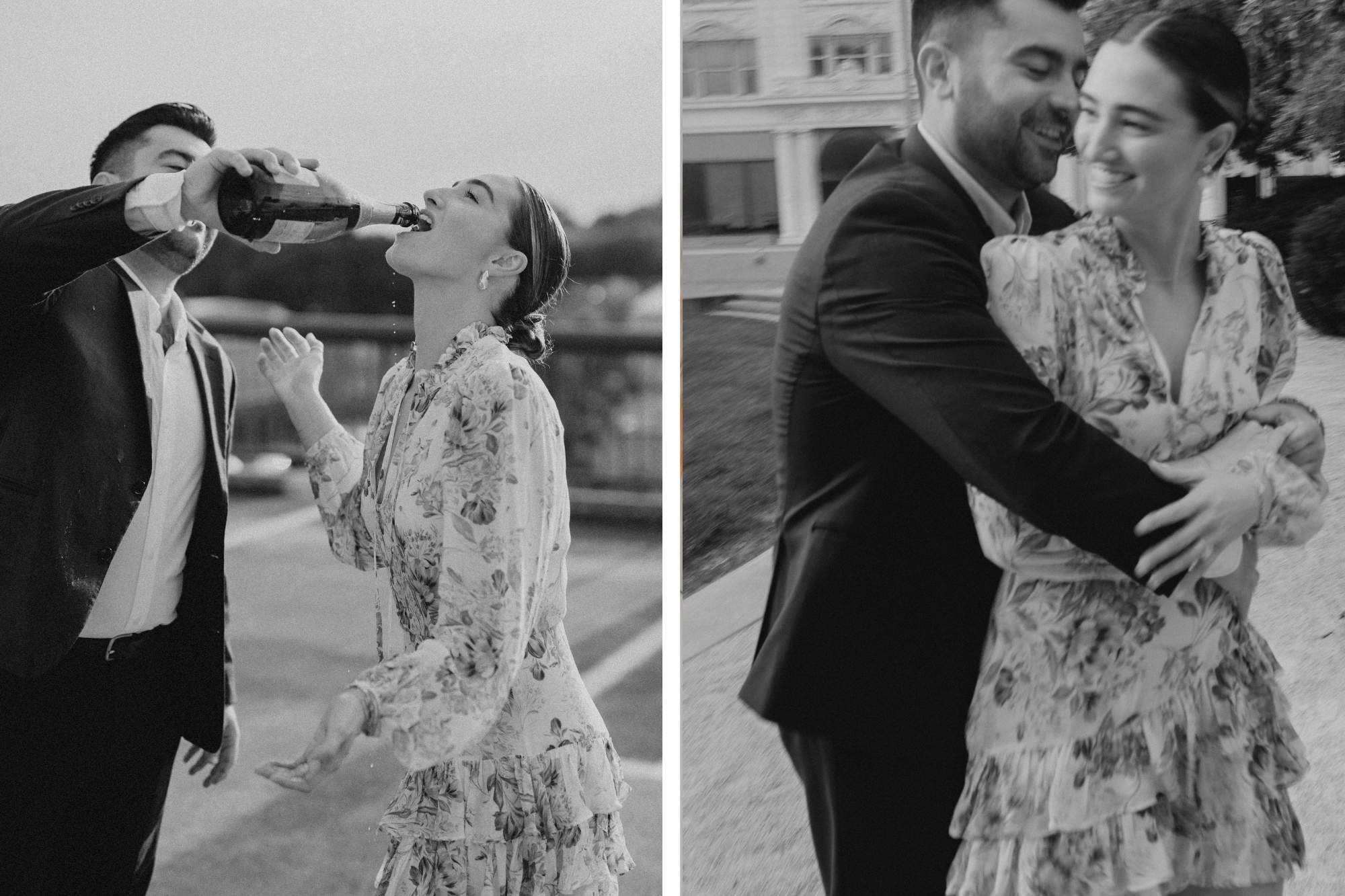 Groom pouring champaign into womans mouth and hugging her