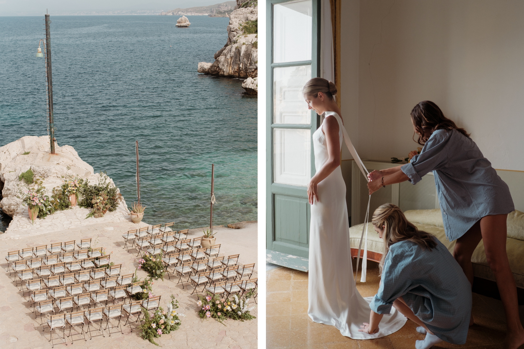 first photo is of a wedding venue on a cliff. Second is a bride getting ready with her bridesmaids